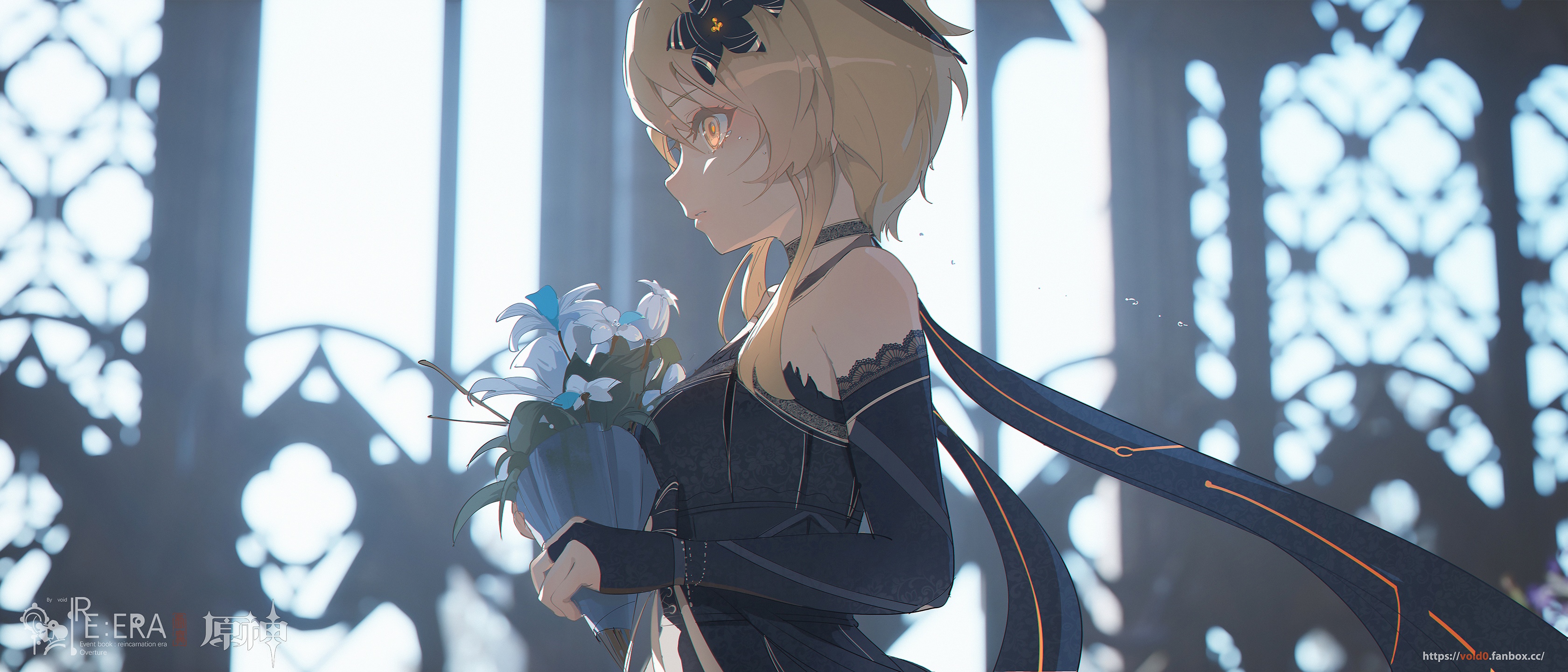 Lumine in a black dress holding flowers in a church HD Wallpaper