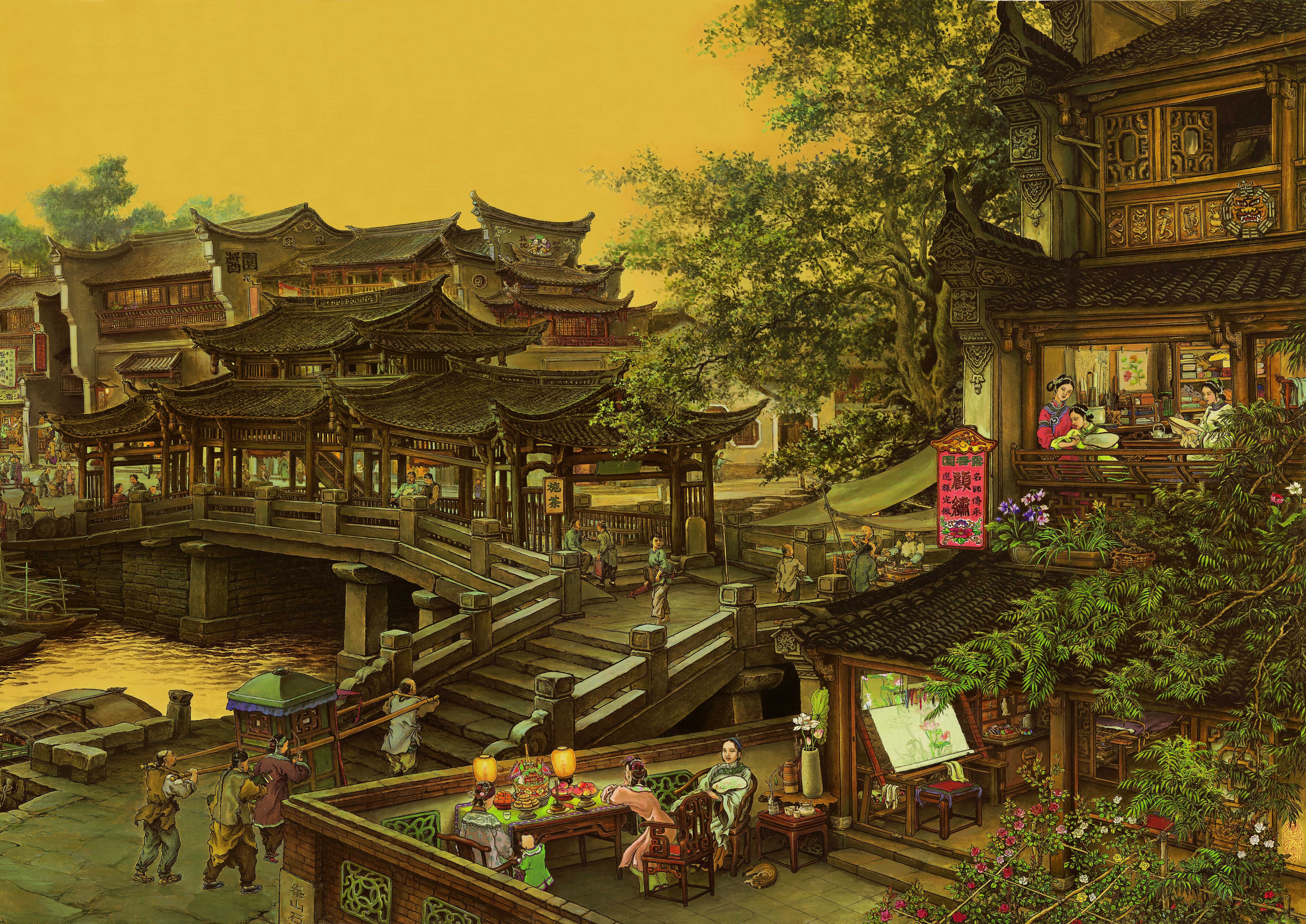 4K painting of a historical Chinese town with people HD Wallpaper