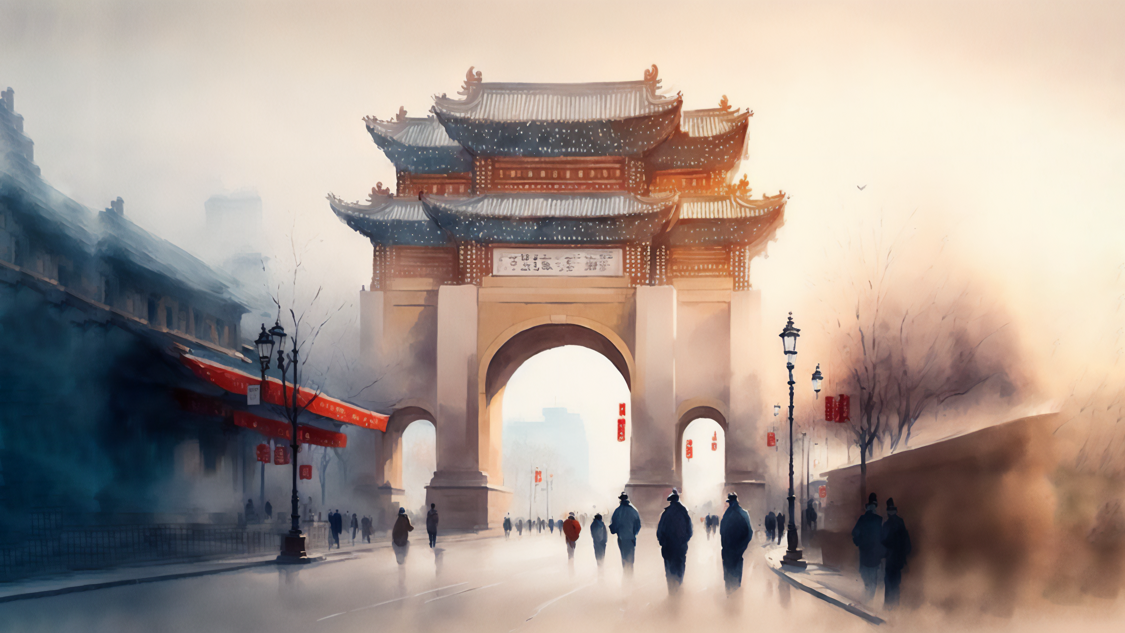 Watercolor painting of a Chinese gate and street scene HD Wallpaper
