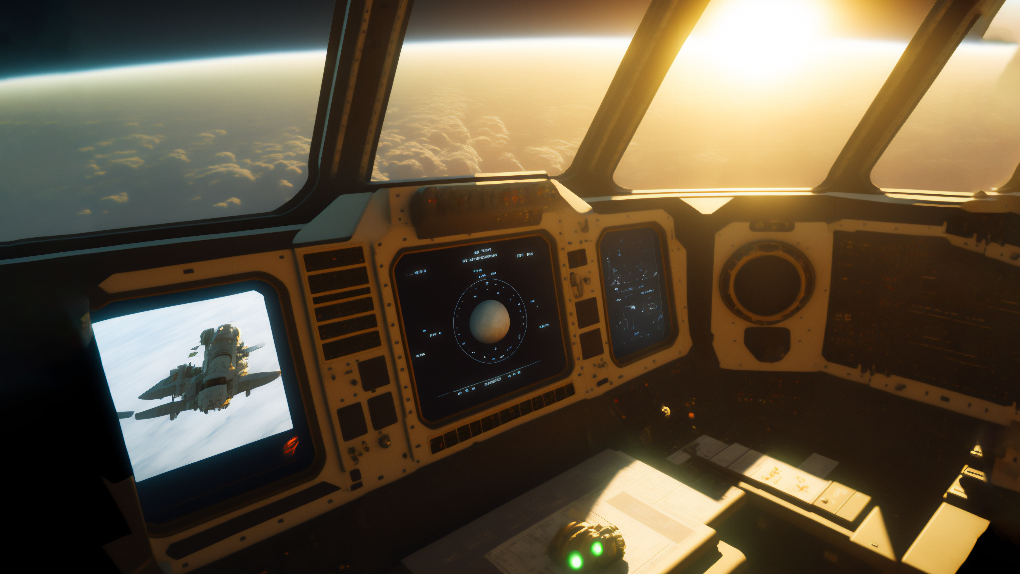 Interior of a spaceship cockpit with view of Earth and sun HD Wallpaper