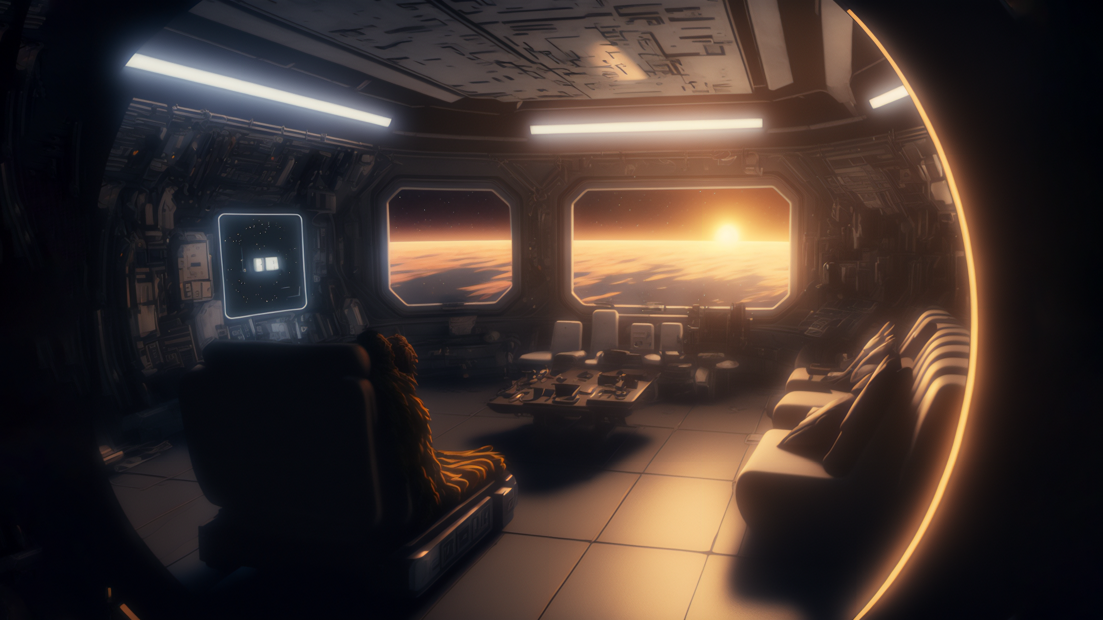 Interior of a spaceship with views of a planet and sun HD Wallpaper