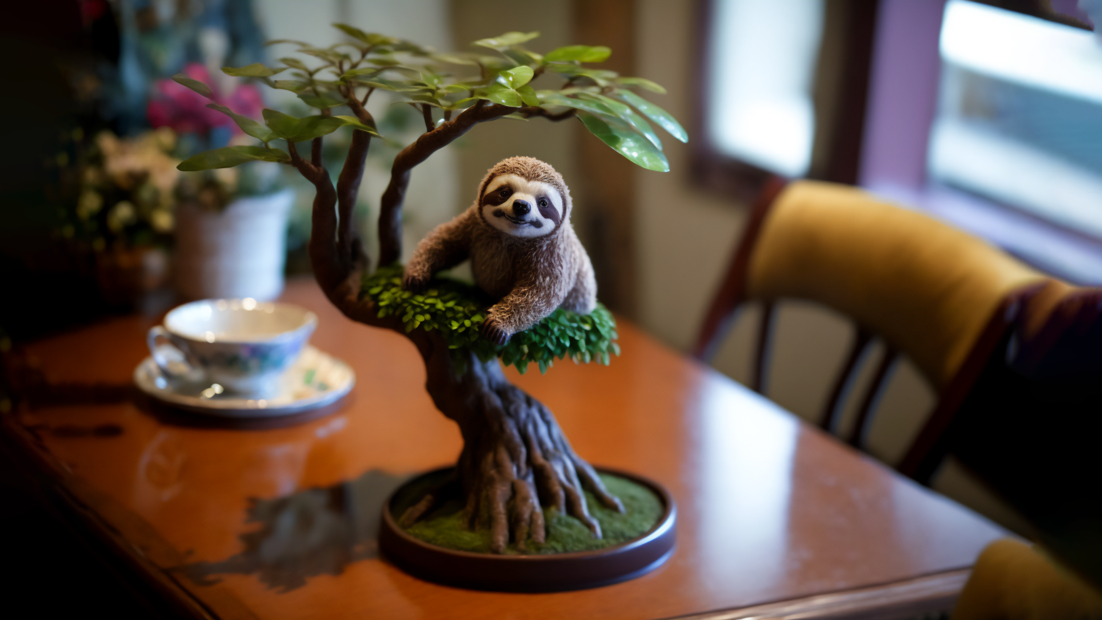 Sloth figurine on a bonsai tree with a teacup HD Wallpaper