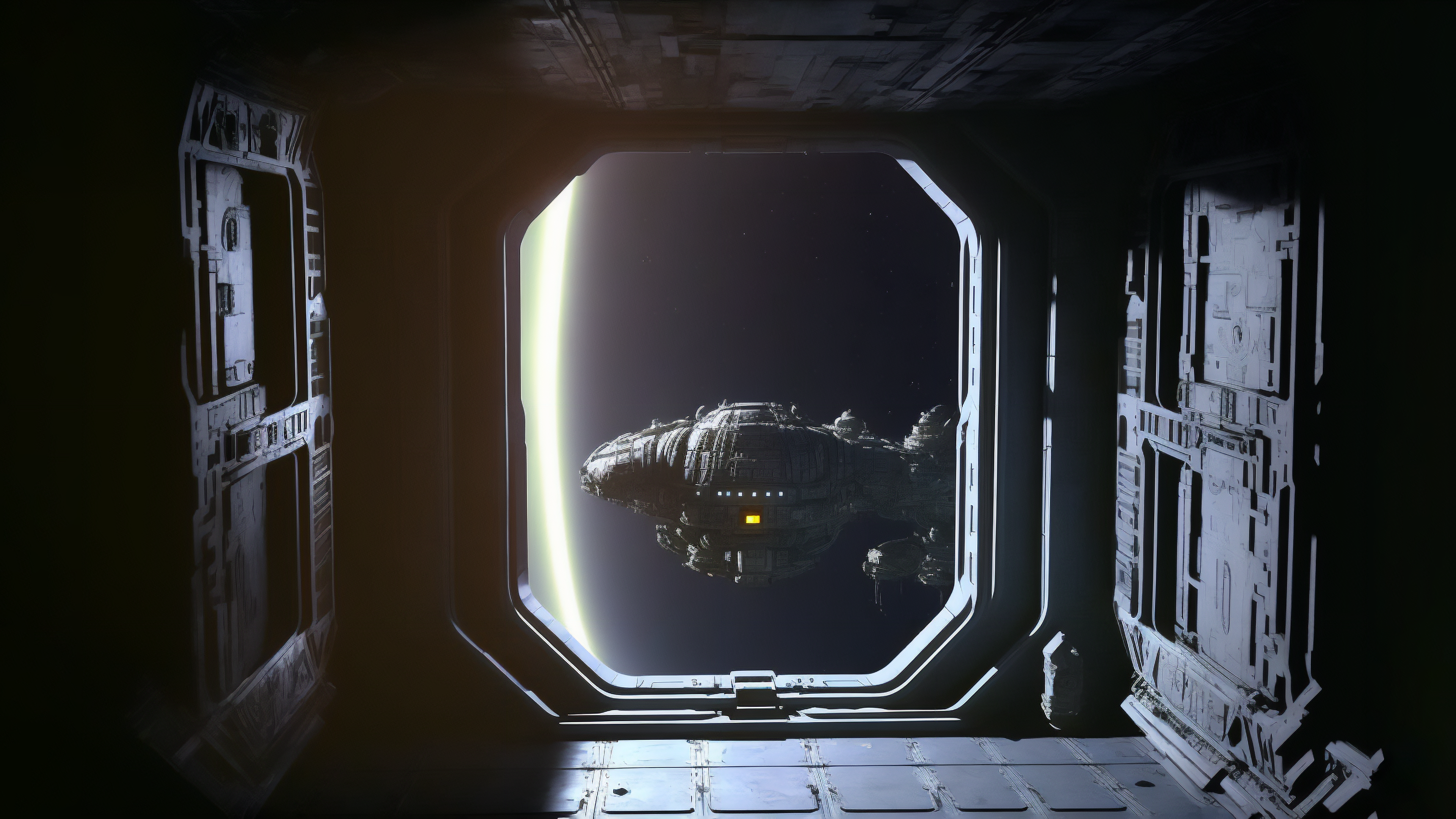 Interior view of a spaceship with a large alien vessel outside HD Wallpaper