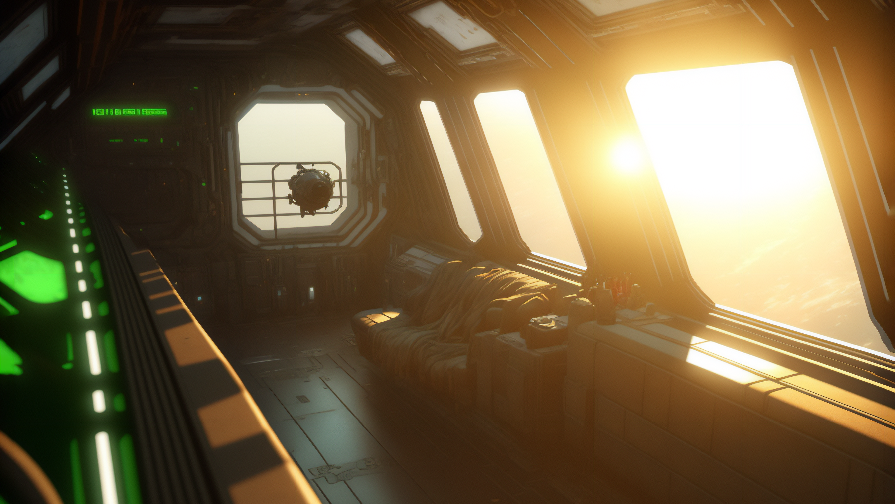 Interior of a spaceship with a view of the sun HD Wallpaper