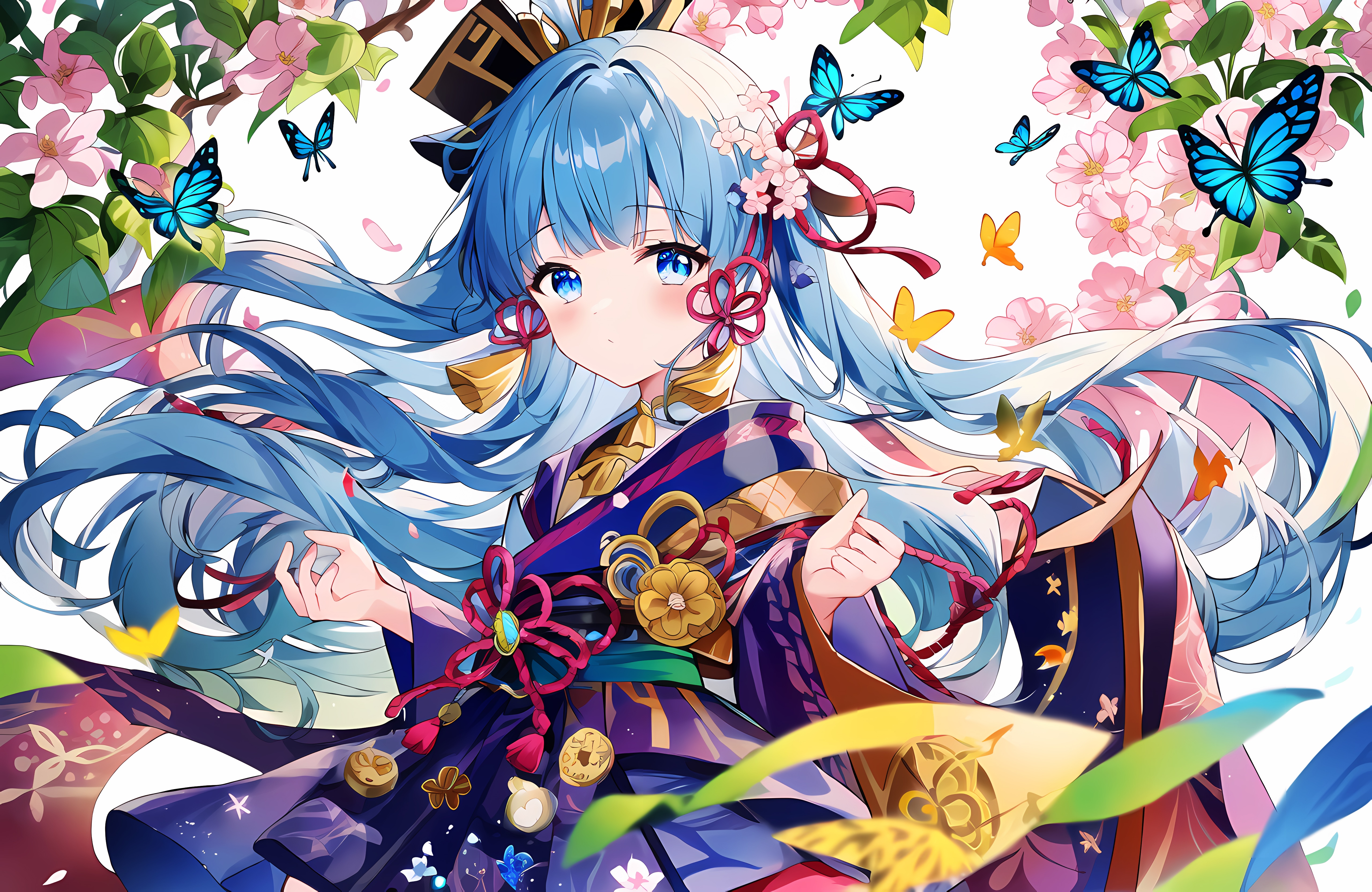 Kamisato Ayaka with Butterflies and Flowers HD Wallpaper
