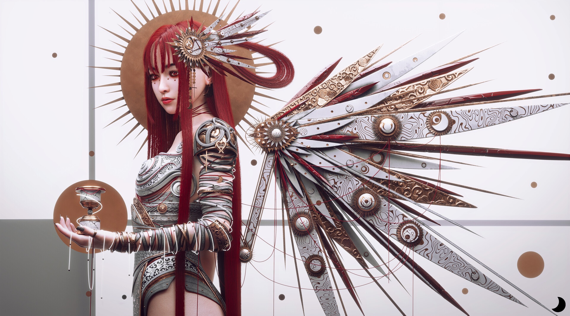 Redhead woman with mechanical wings holding a chalice HD Wallpaper