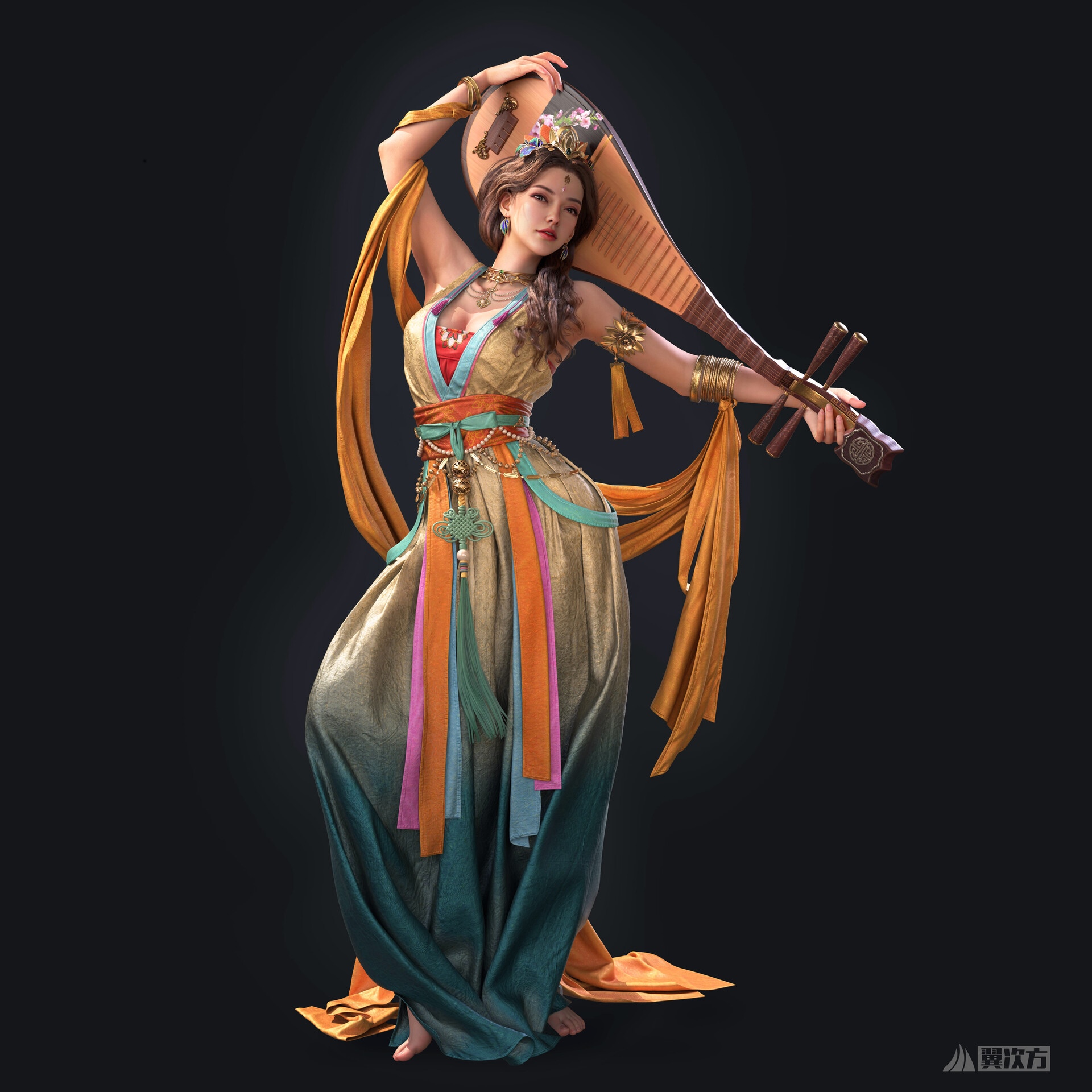 Cifangyi playing a lute on a black background HD Wallpaper