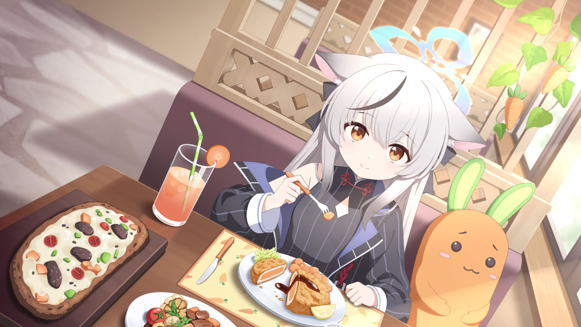 Anime girl with animal ears eating at a table HD Wallpaper