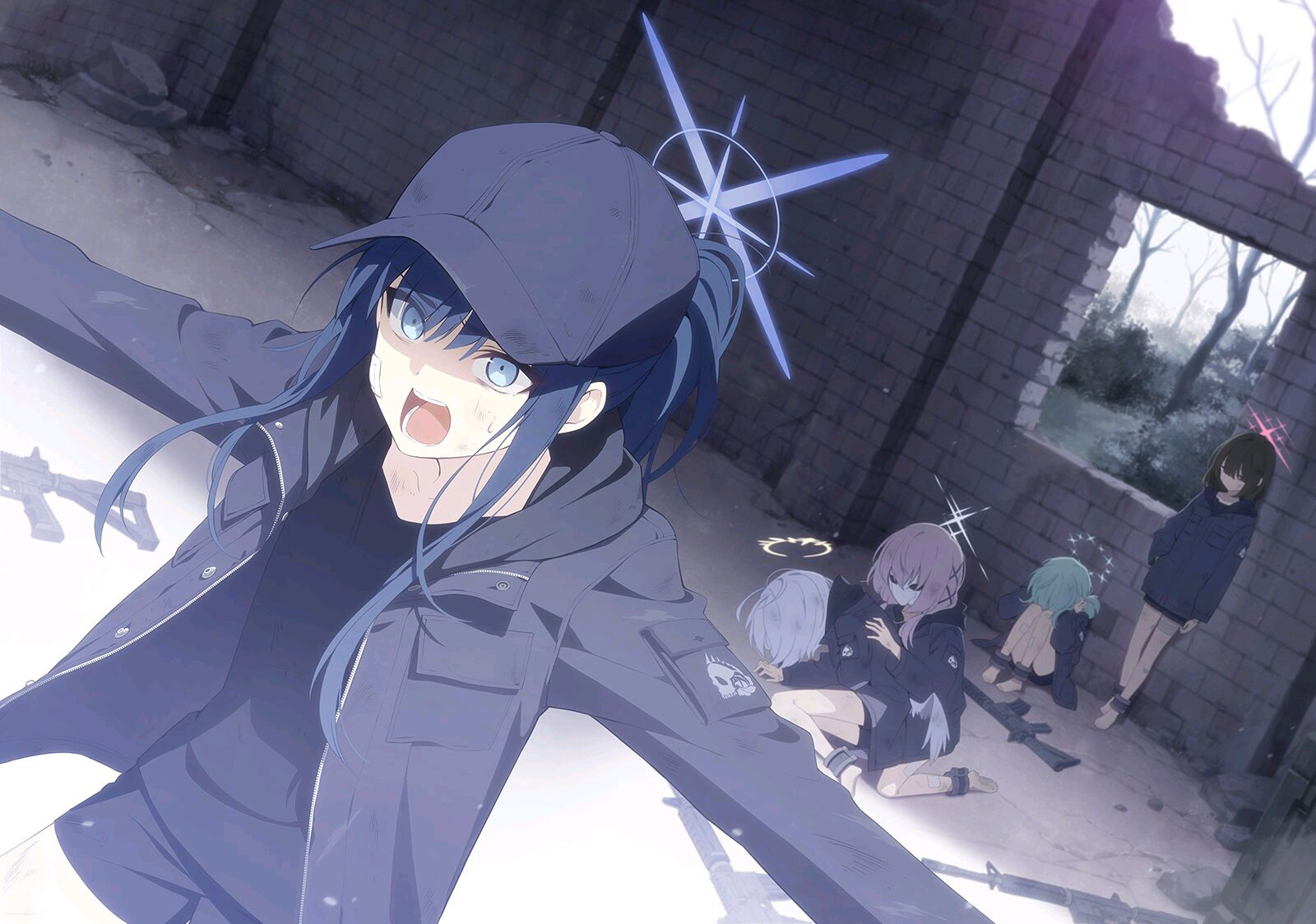 Blue Archive girls in a destroyed building with guns HD Wallpaper