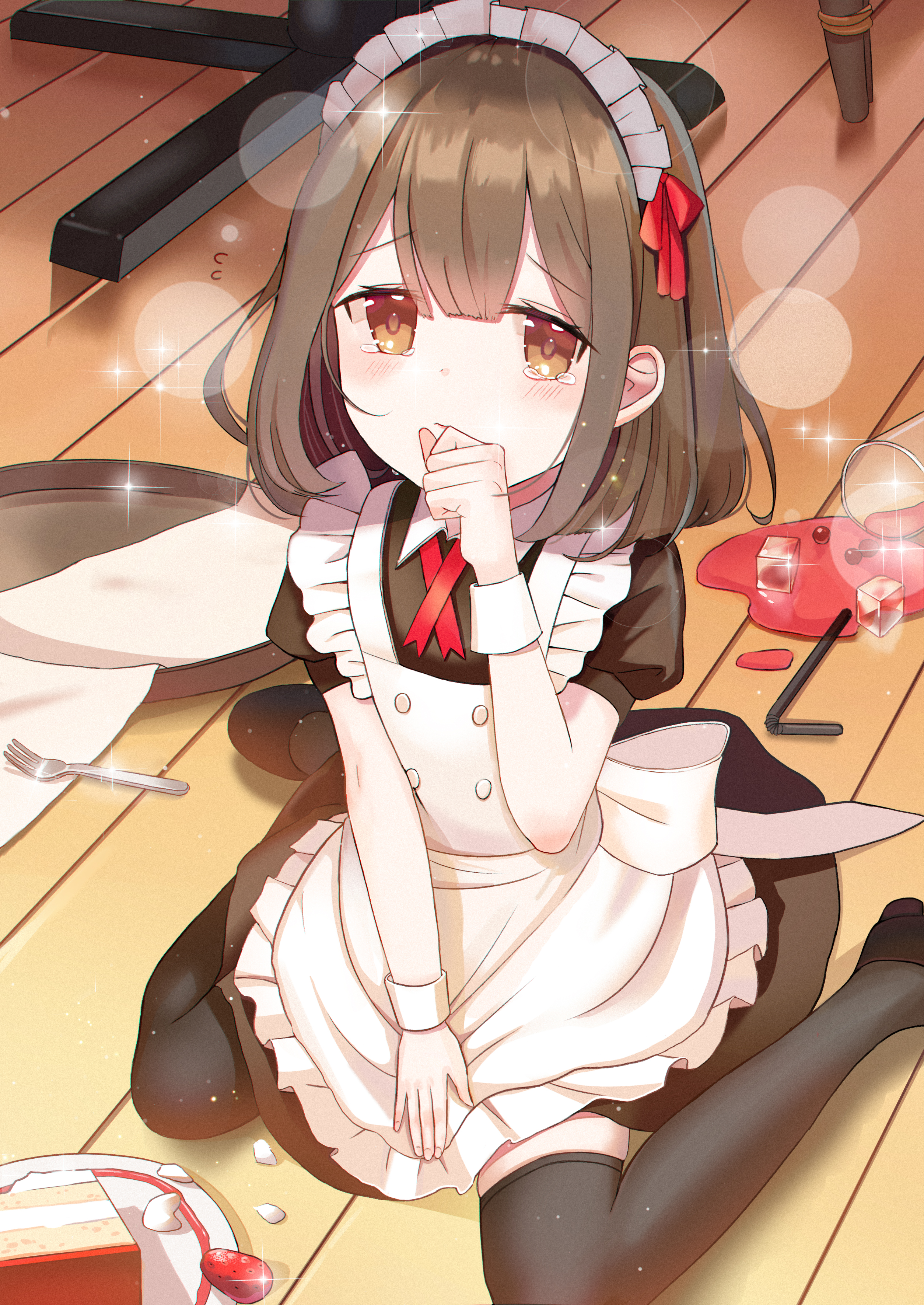 Anime girl in maid outfit sitting on floor HD Phone Wallpaper