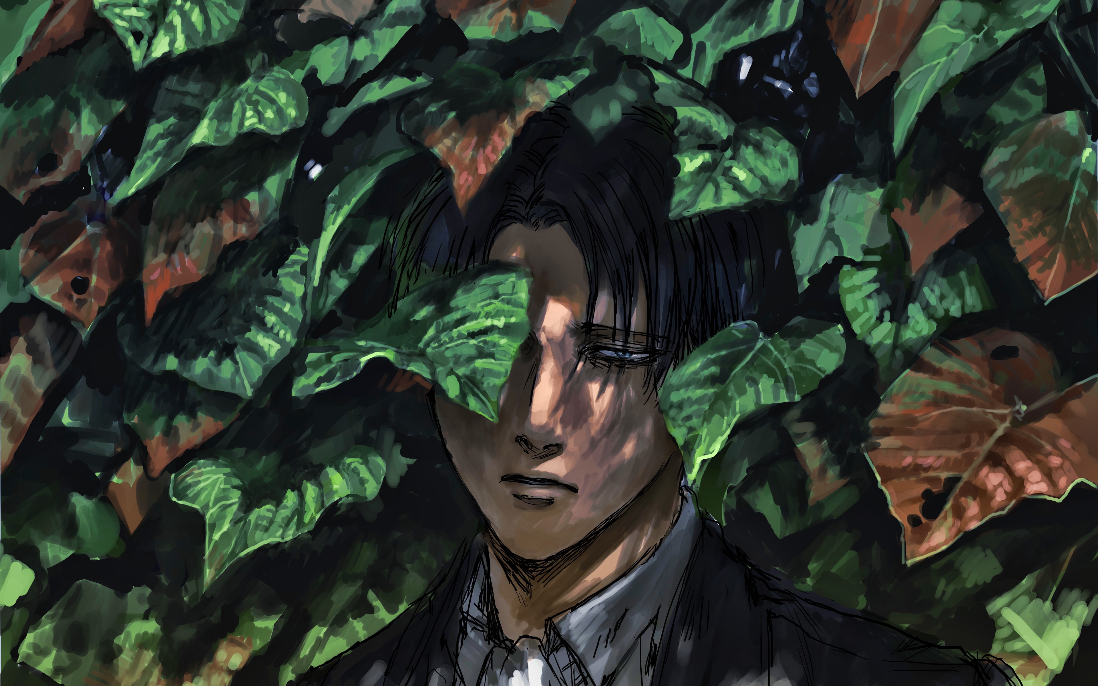 4K Levi Ackerman in leaves HD Wallpaper
