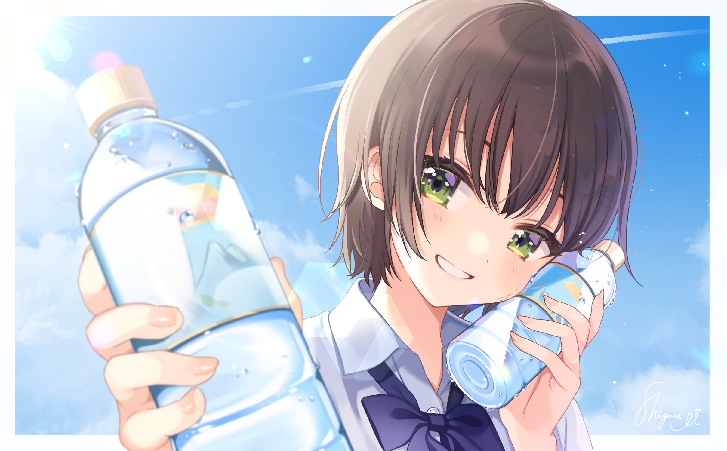 Girl in school uniform holding water bottles HD Wallpaper