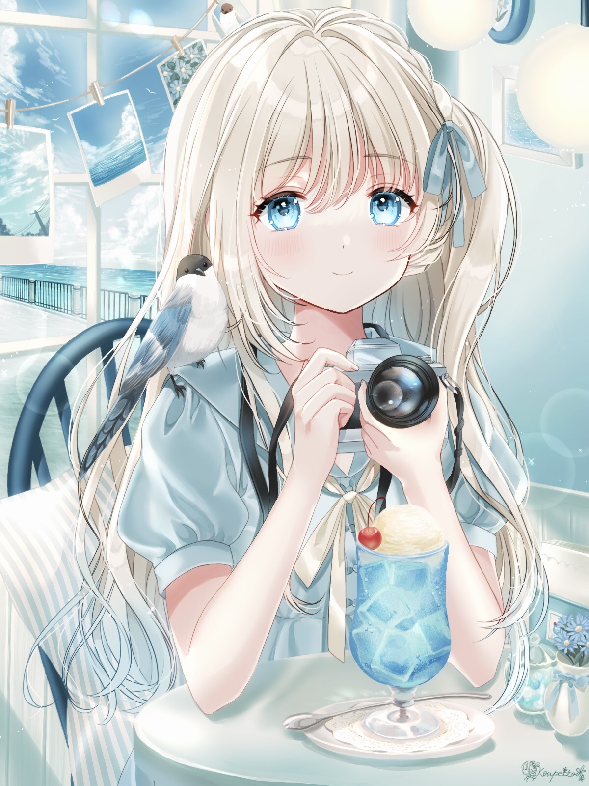 Anime girl with camera and blue drink HD Phone Wallpaper