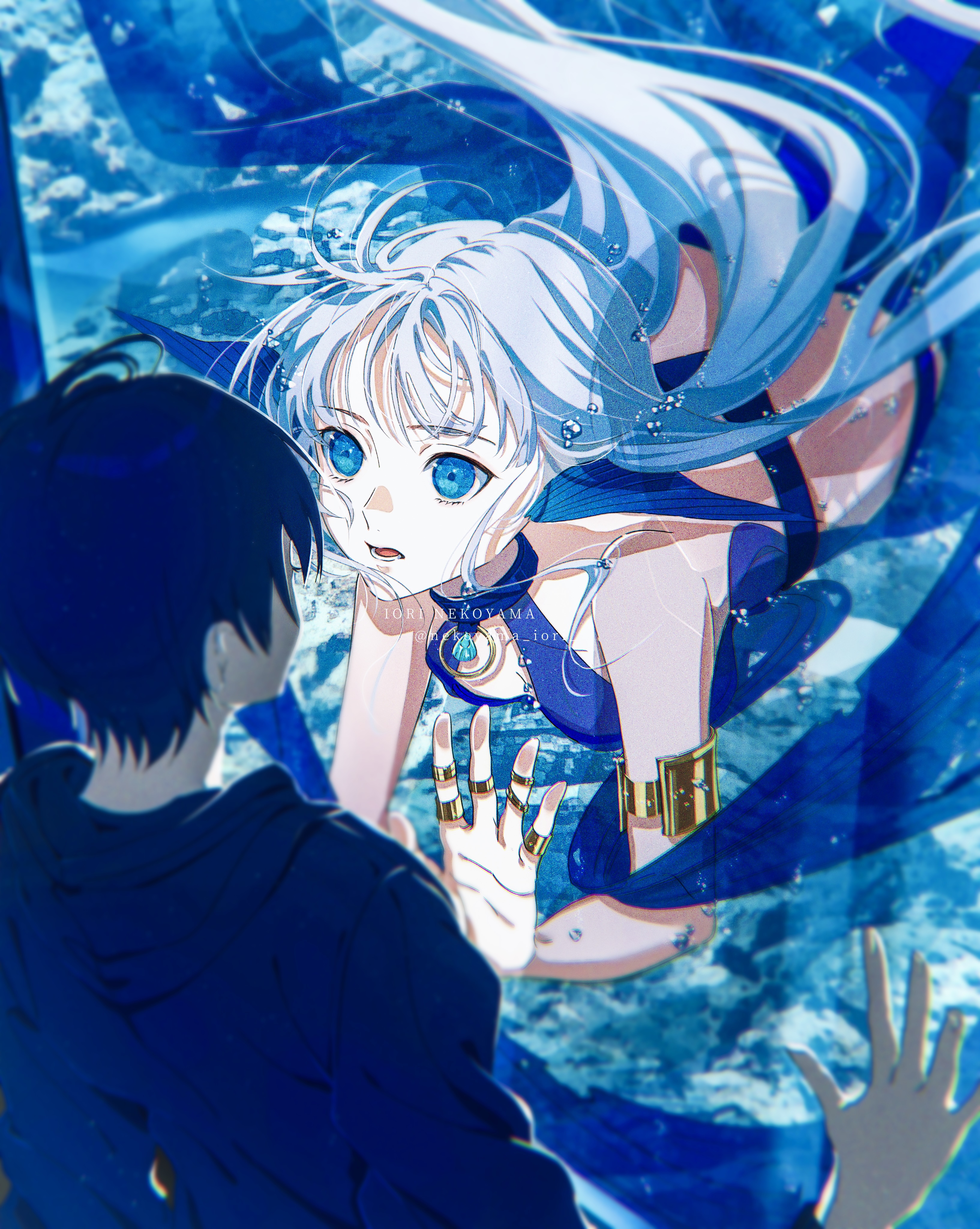 Girl with blue hair and eyes underwater reaching out HD Phone Wallpaper