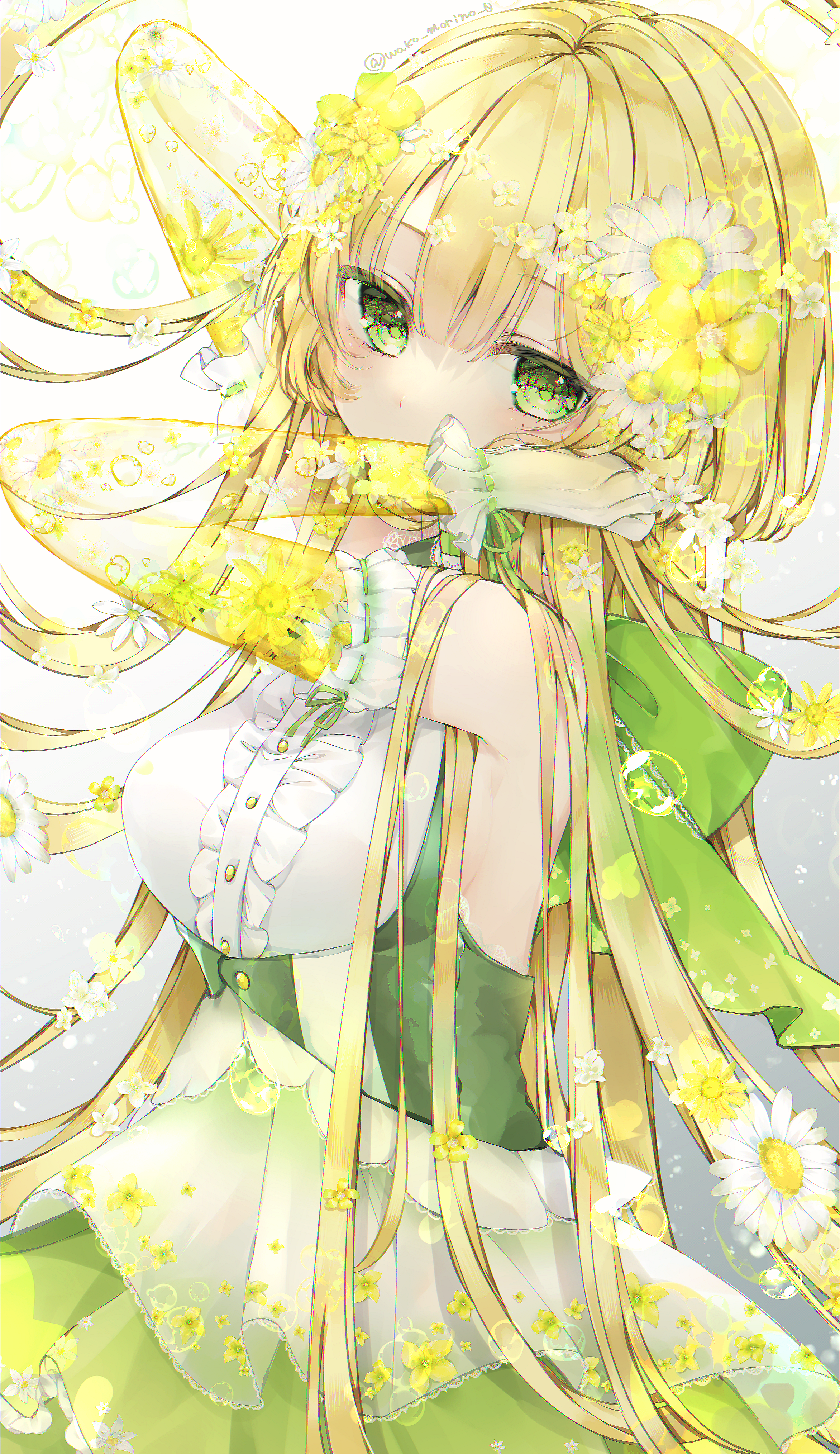 Anime girl with blonde hair and green eyes surrounded by flowers HD Phone Wallpaper