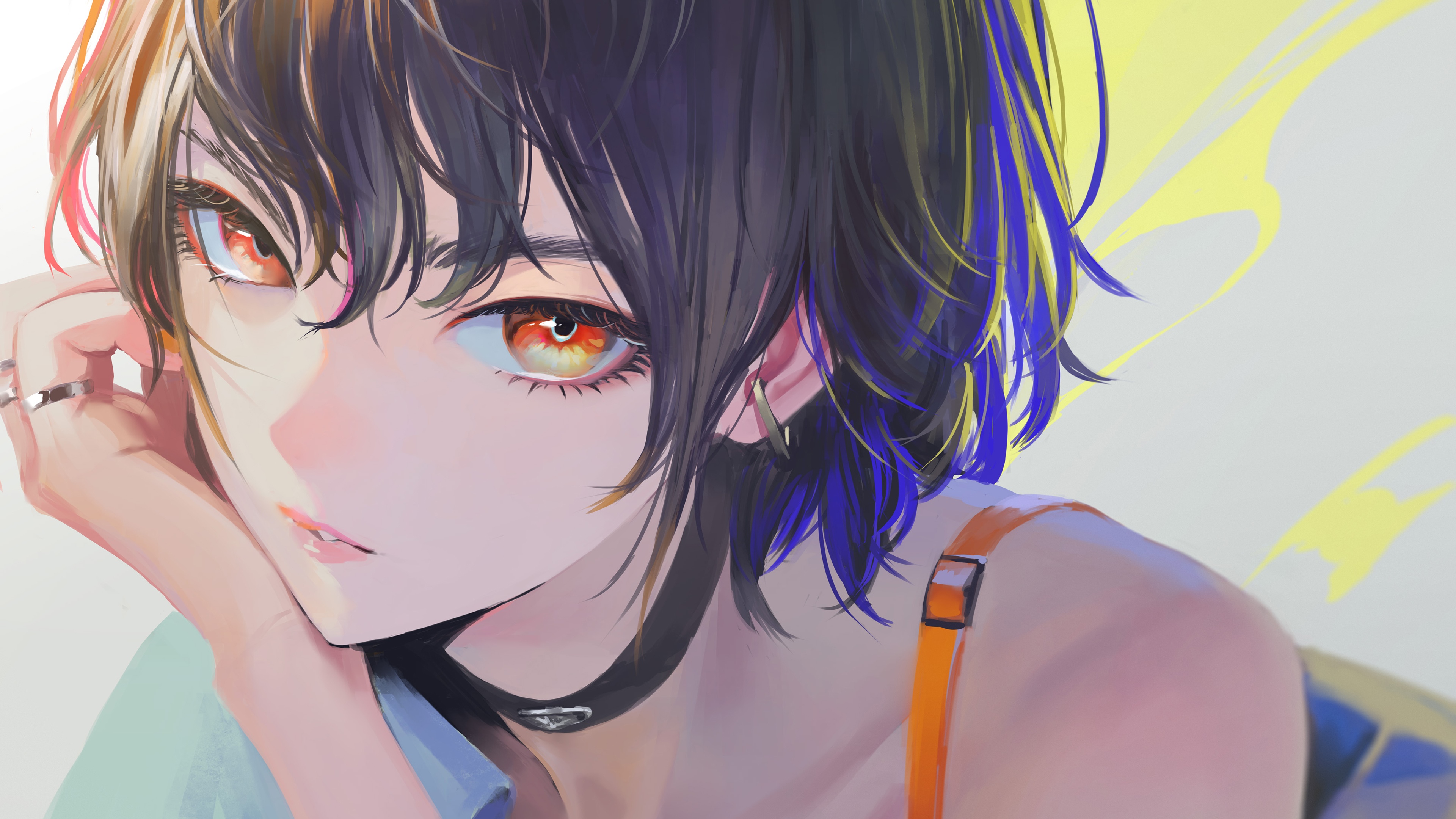 Anime girl with striking orange eyes and dark hair HD Wallpaper
