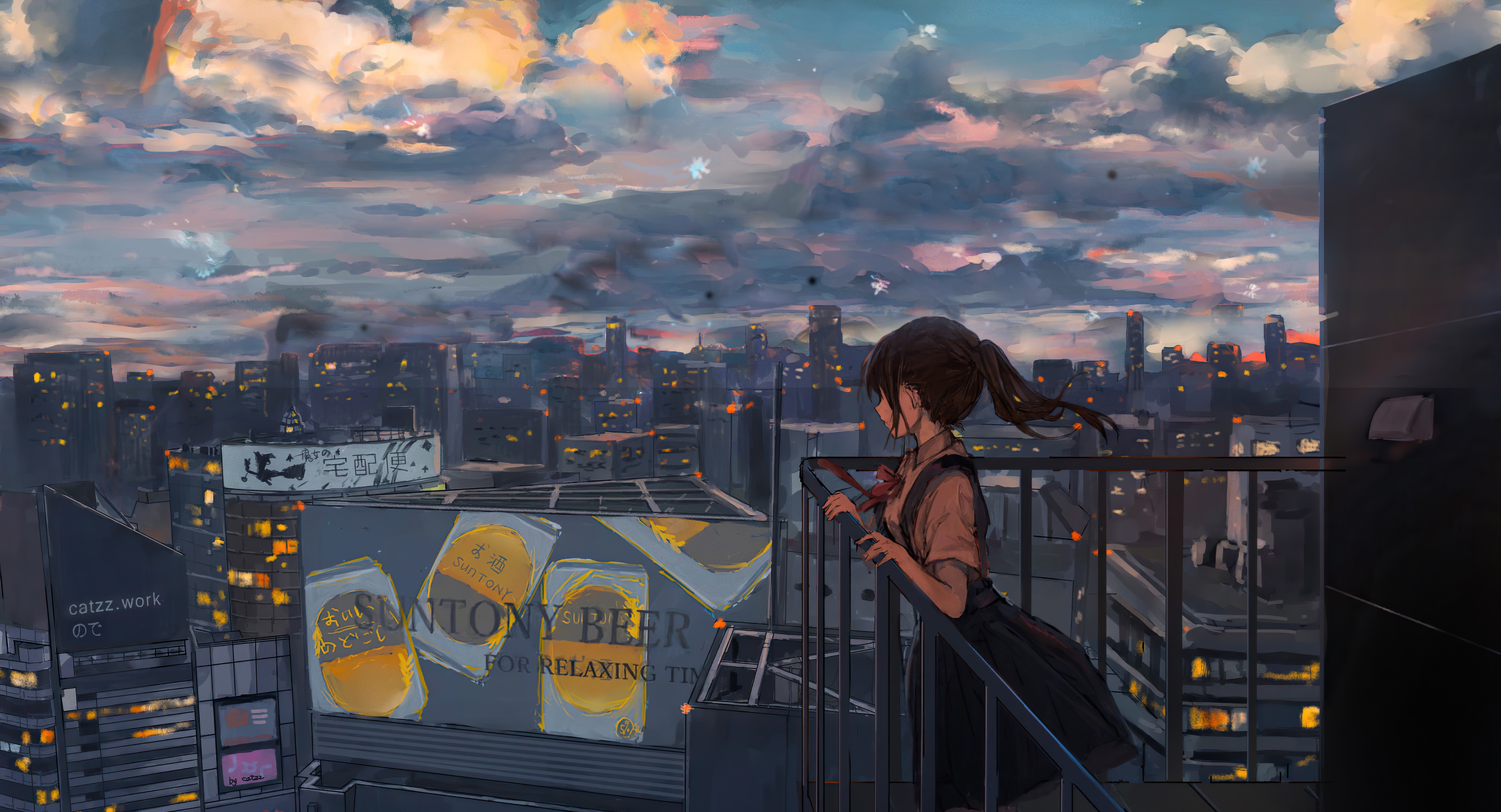 Girl in school uniform looking at city skyline at dusk HD Wallpaper