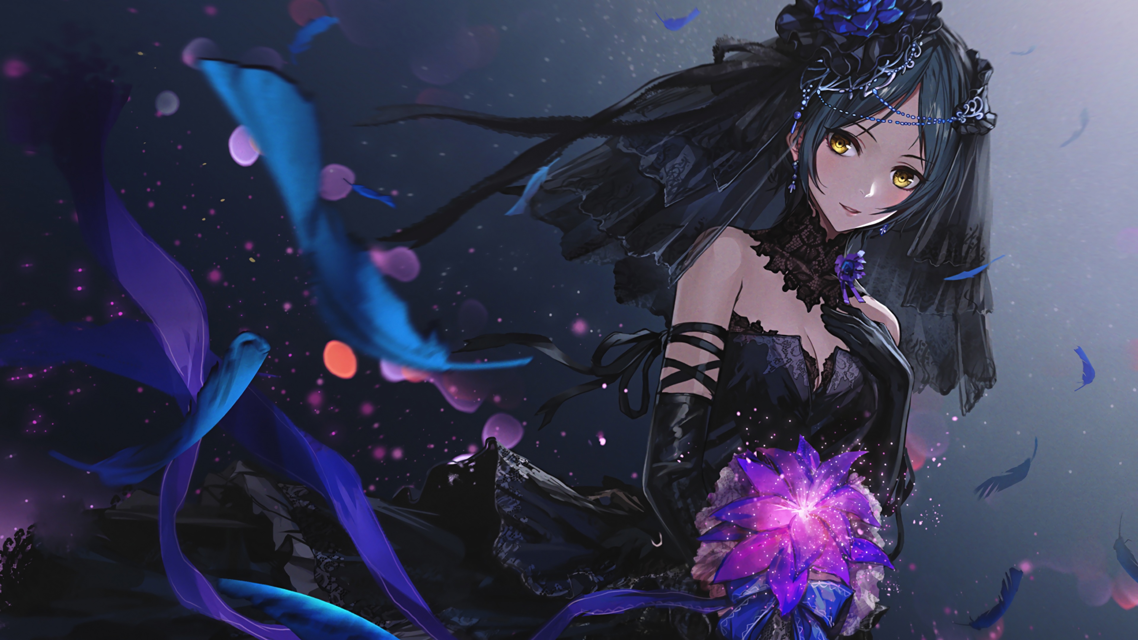 4K anime girl in black wedding dress with flowers and feathers HD Wallpaper