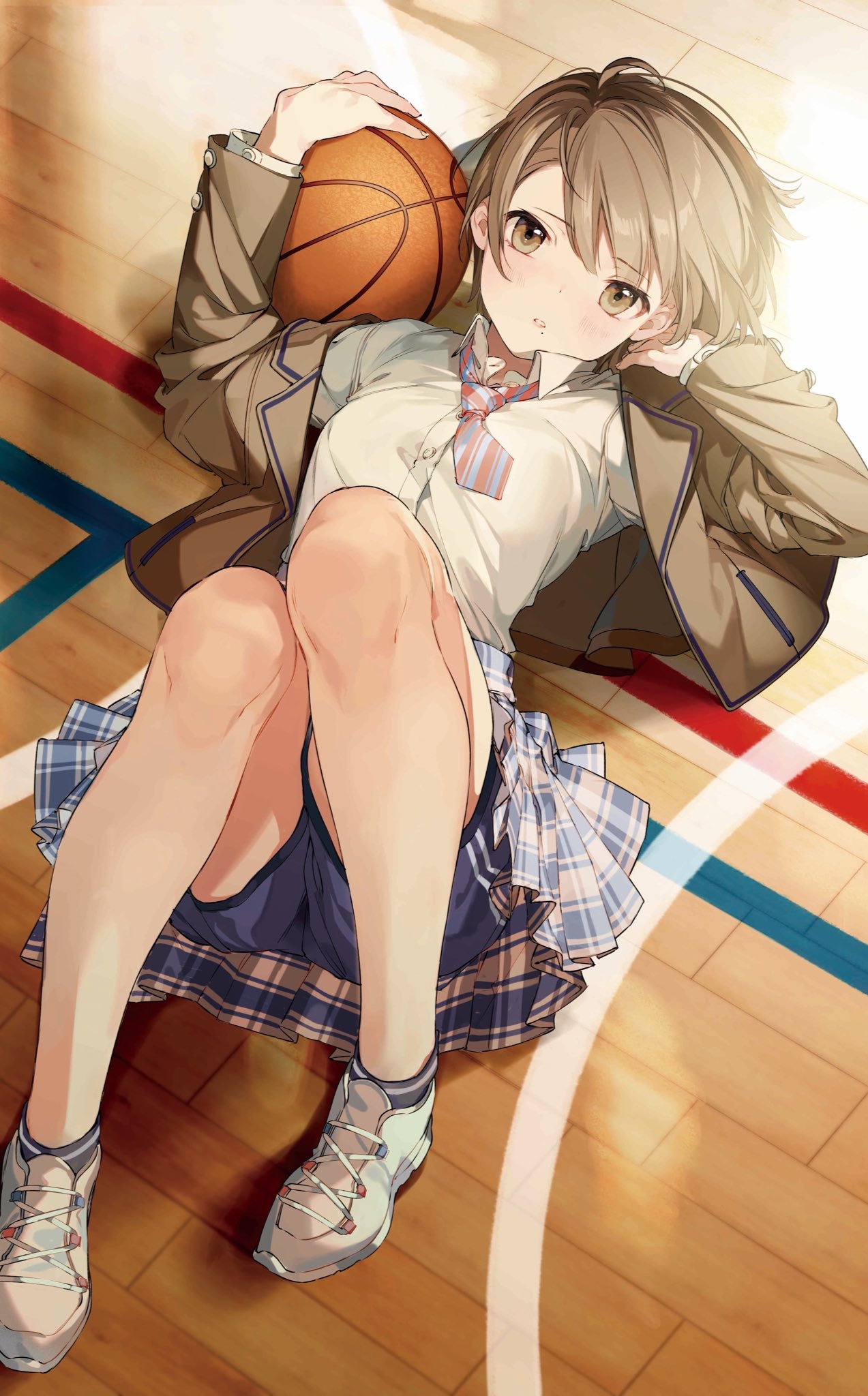 Anime girl in school uniform with basketball HD Phone Wallpaper