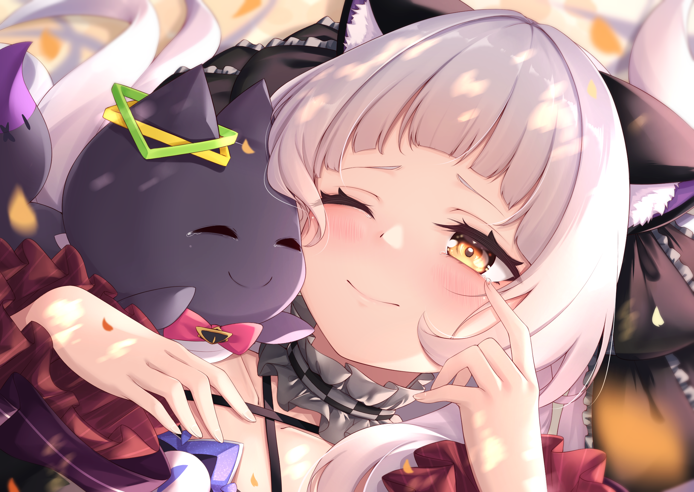 Girl with cat plushie and animal ears HD Wallpaper