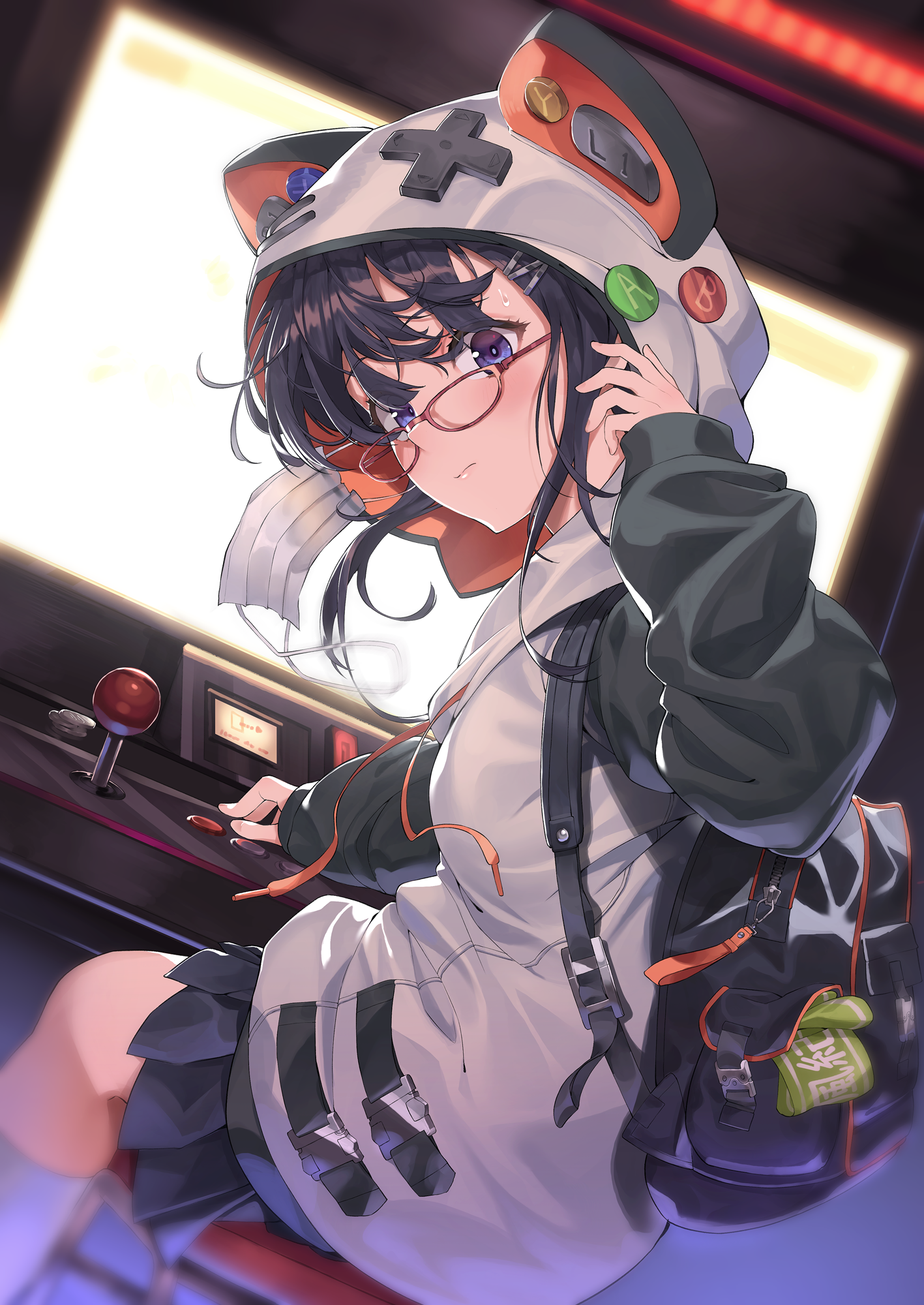 Anime girl with glasses playing arcade cabinet HD Phone Wallpaper