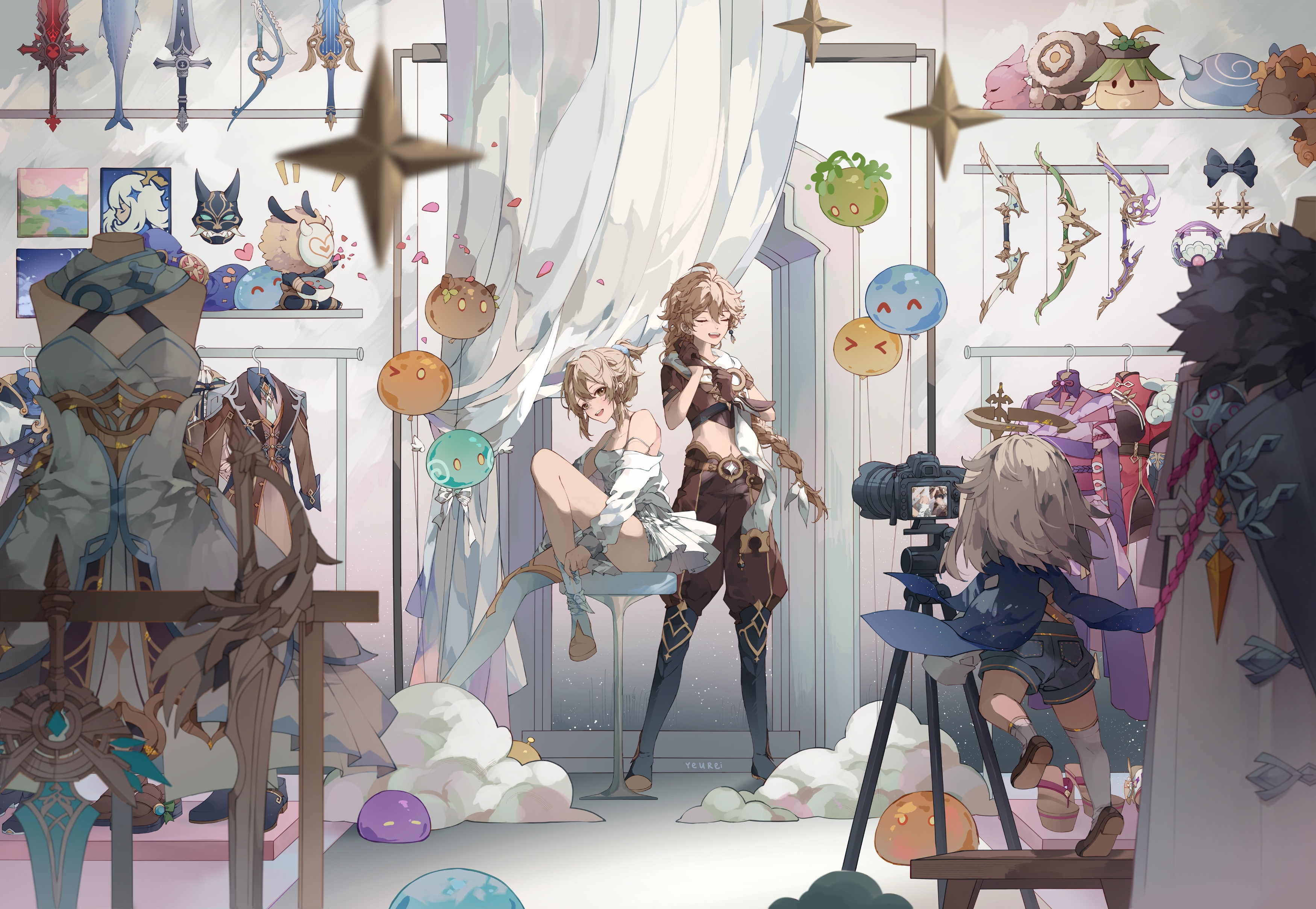 Genshin Impact Aether and Lumine photoshoot with slimes HD Wallpaper