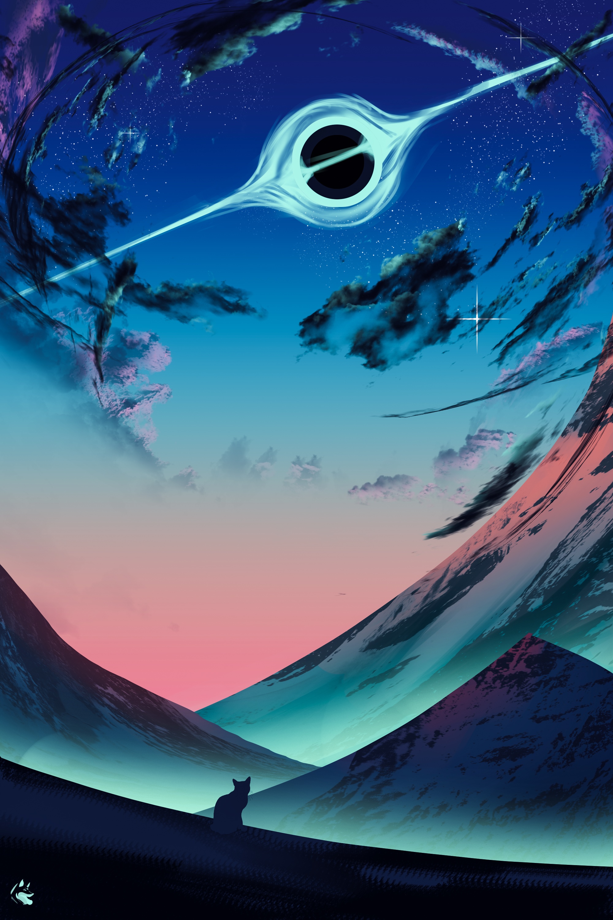 Cat watches a black hole in a cosmic landscape HD Phone Wallpaper