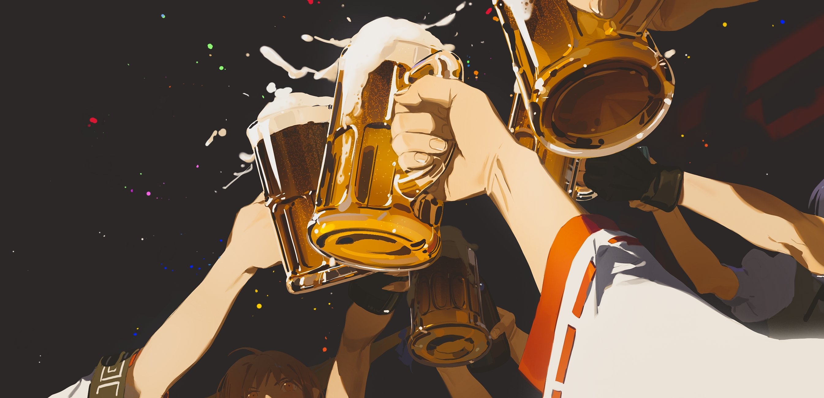 Anime boys toasting with beer mugs with confetti HD Wallpaper