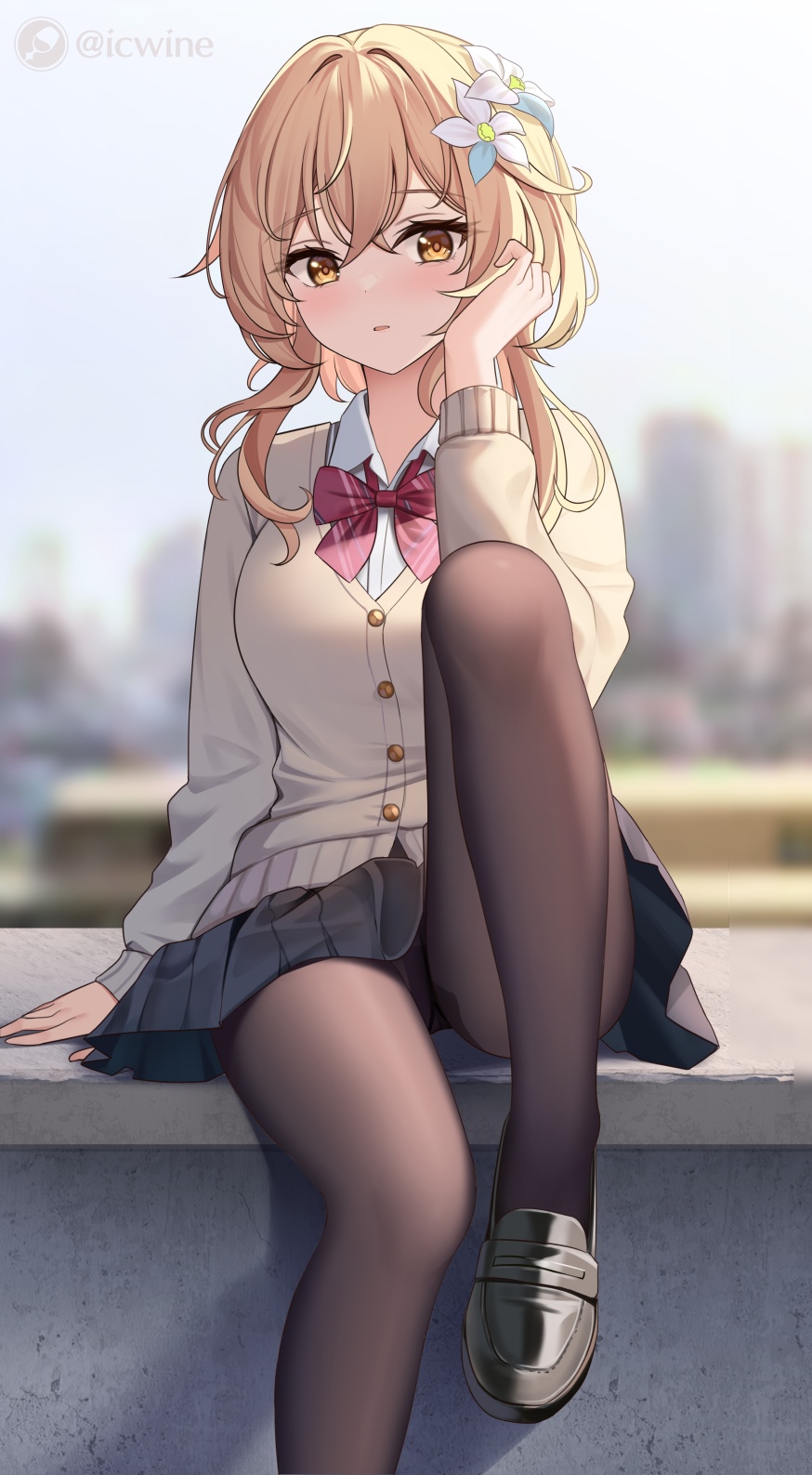 Anime girl in school uniform sitting outdoors HD Phone Wallpaper