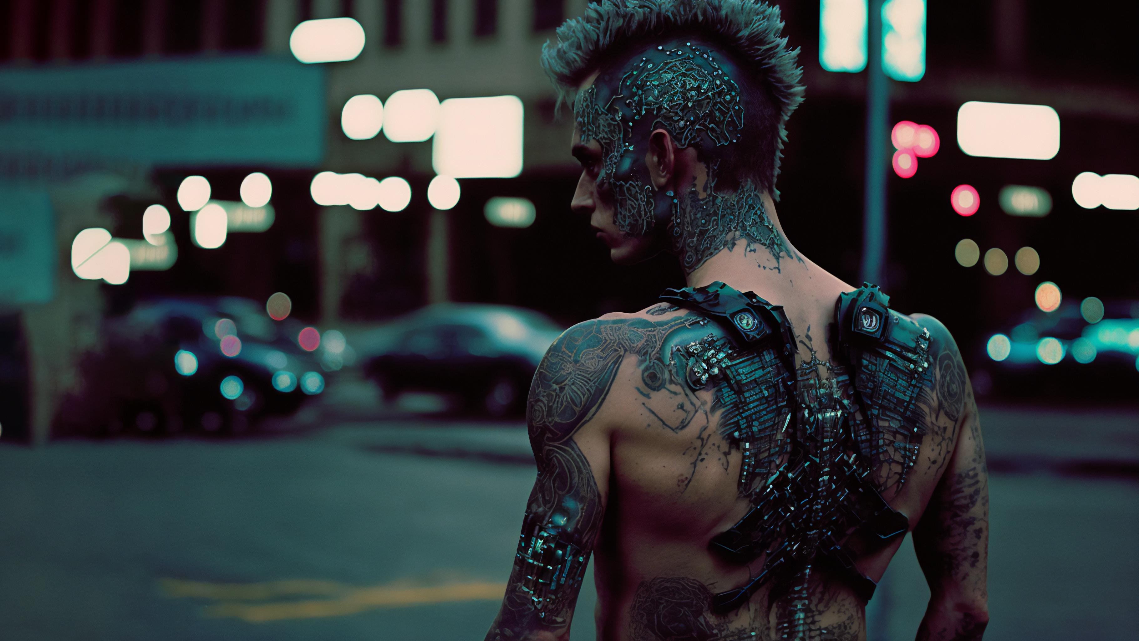 Cyberpunk man with mohawk and tattoos on a street HD Wallpaper