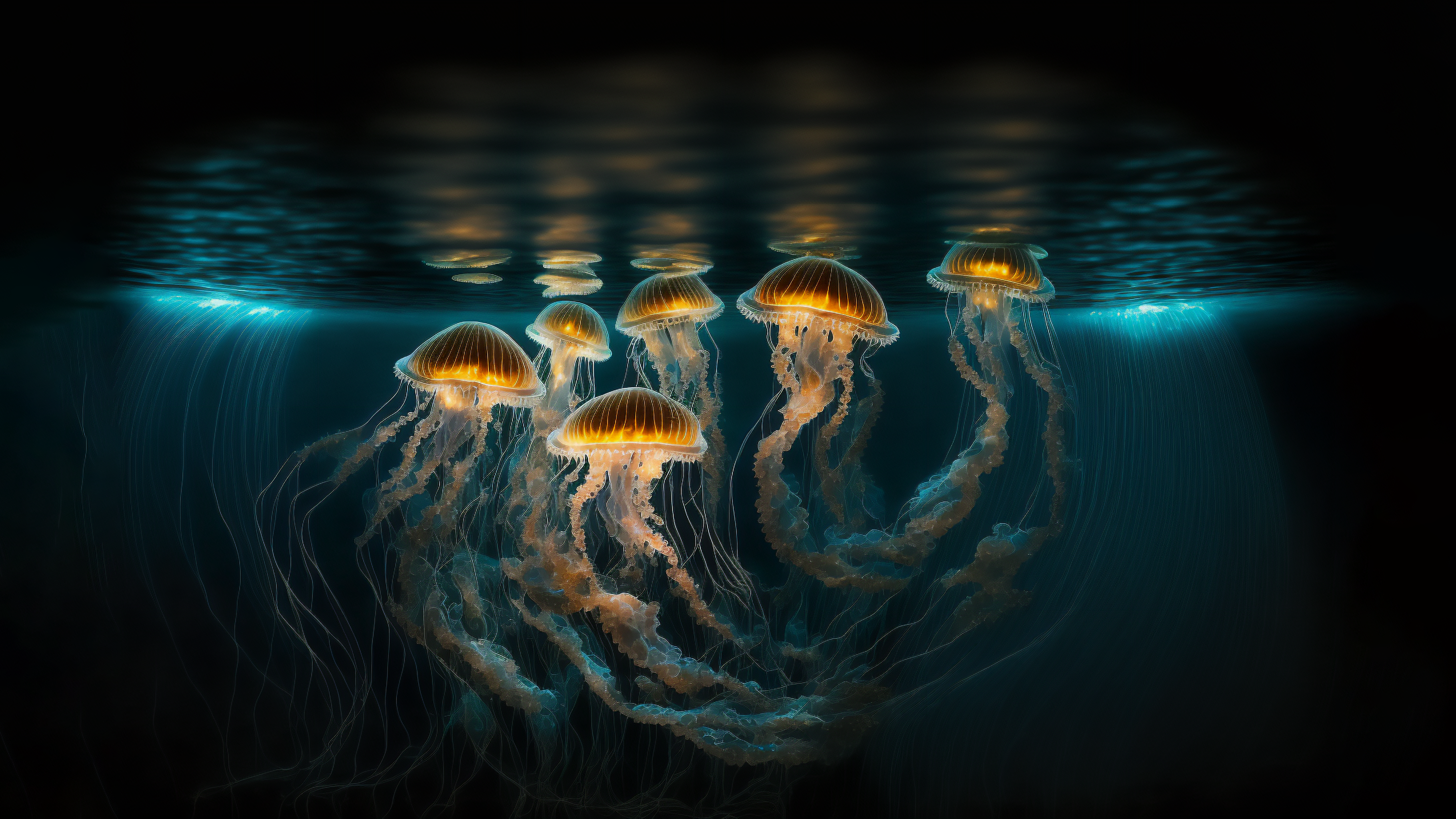 A group of glowing jellyfish swim underwater HD Wallpaper