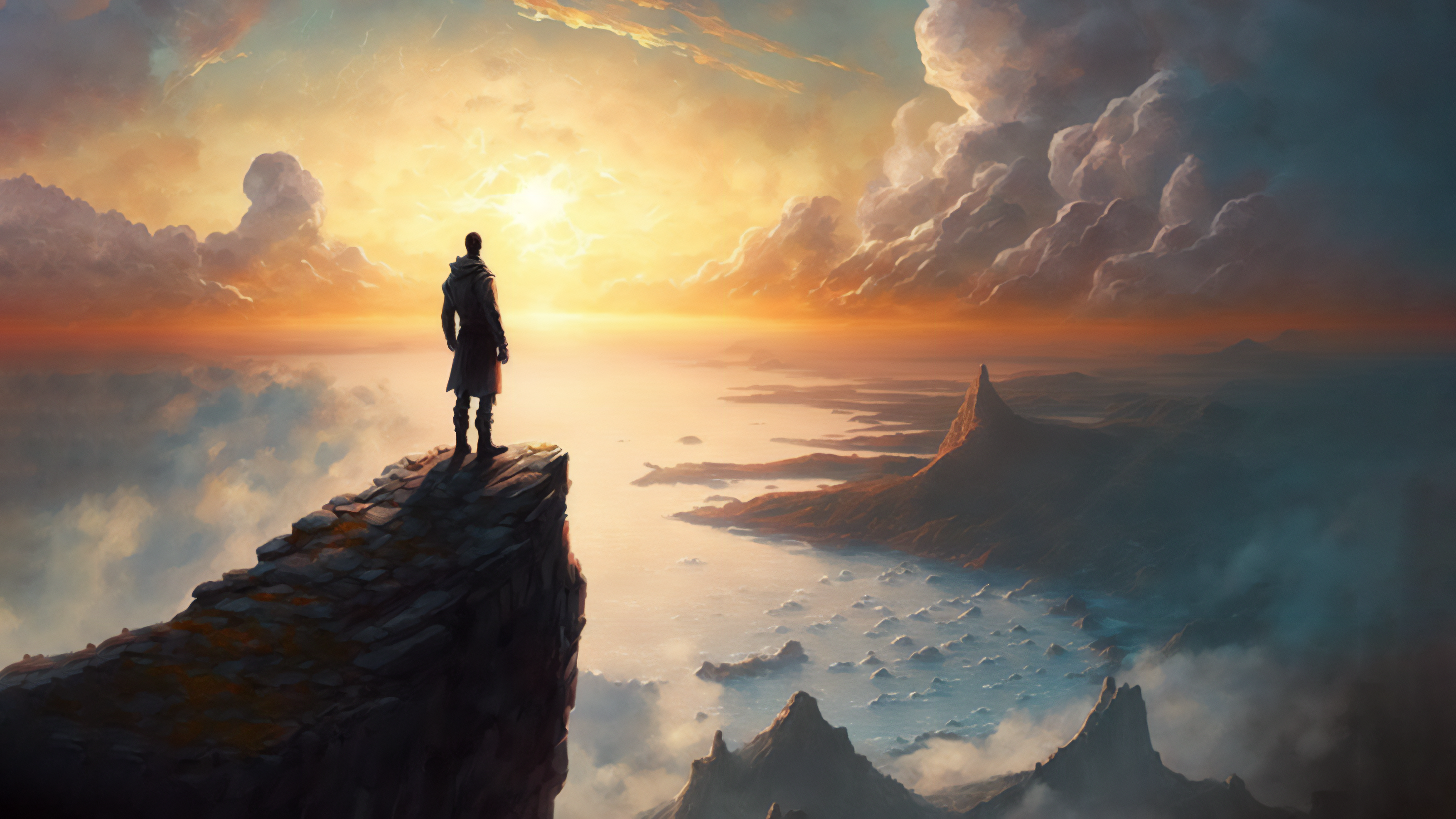 Man on mountain top overlooking ocean at sunrise HD Wallpaper
