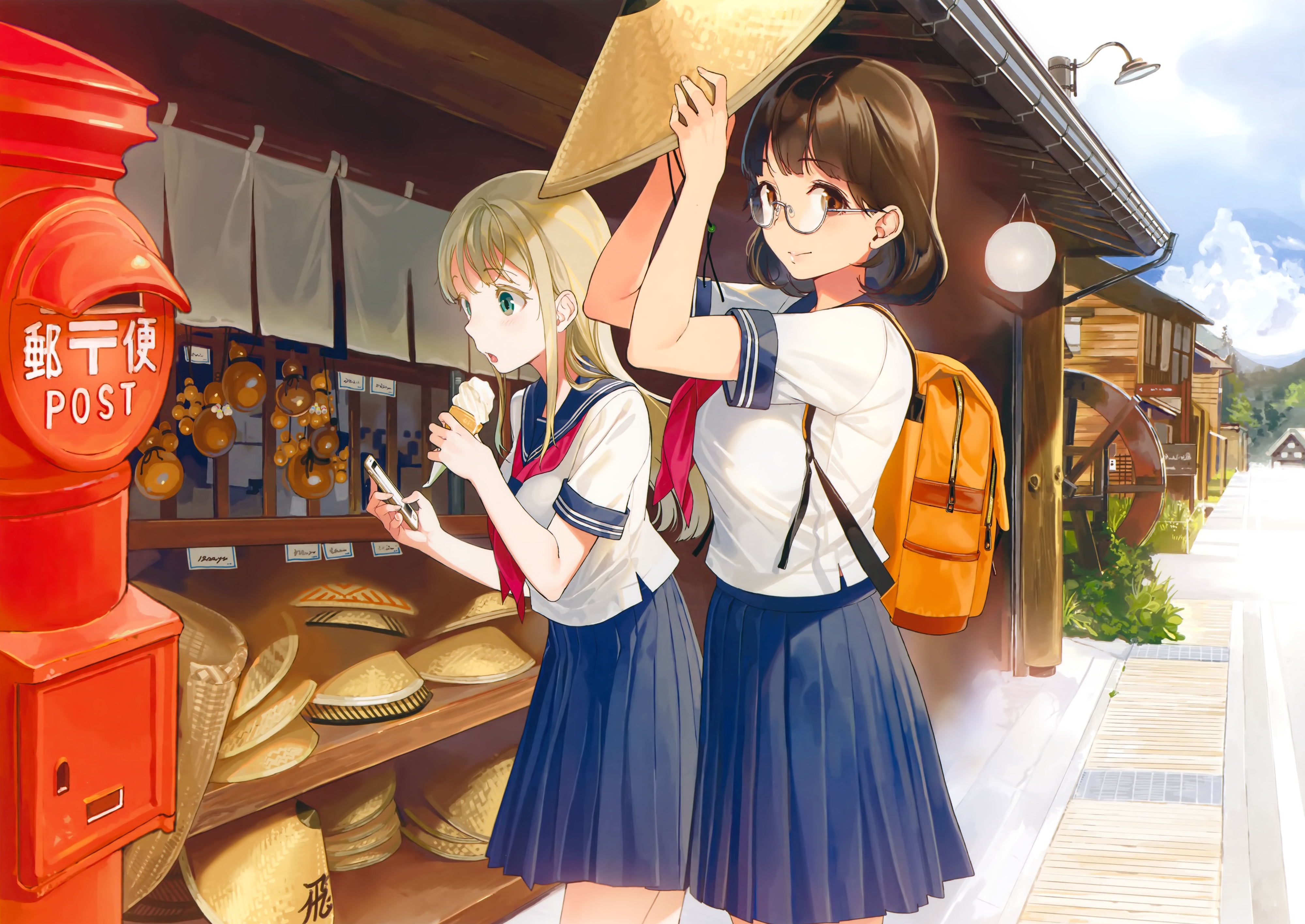 Schoolgirls with ice cream and backpack in Japan HD Wallpaper