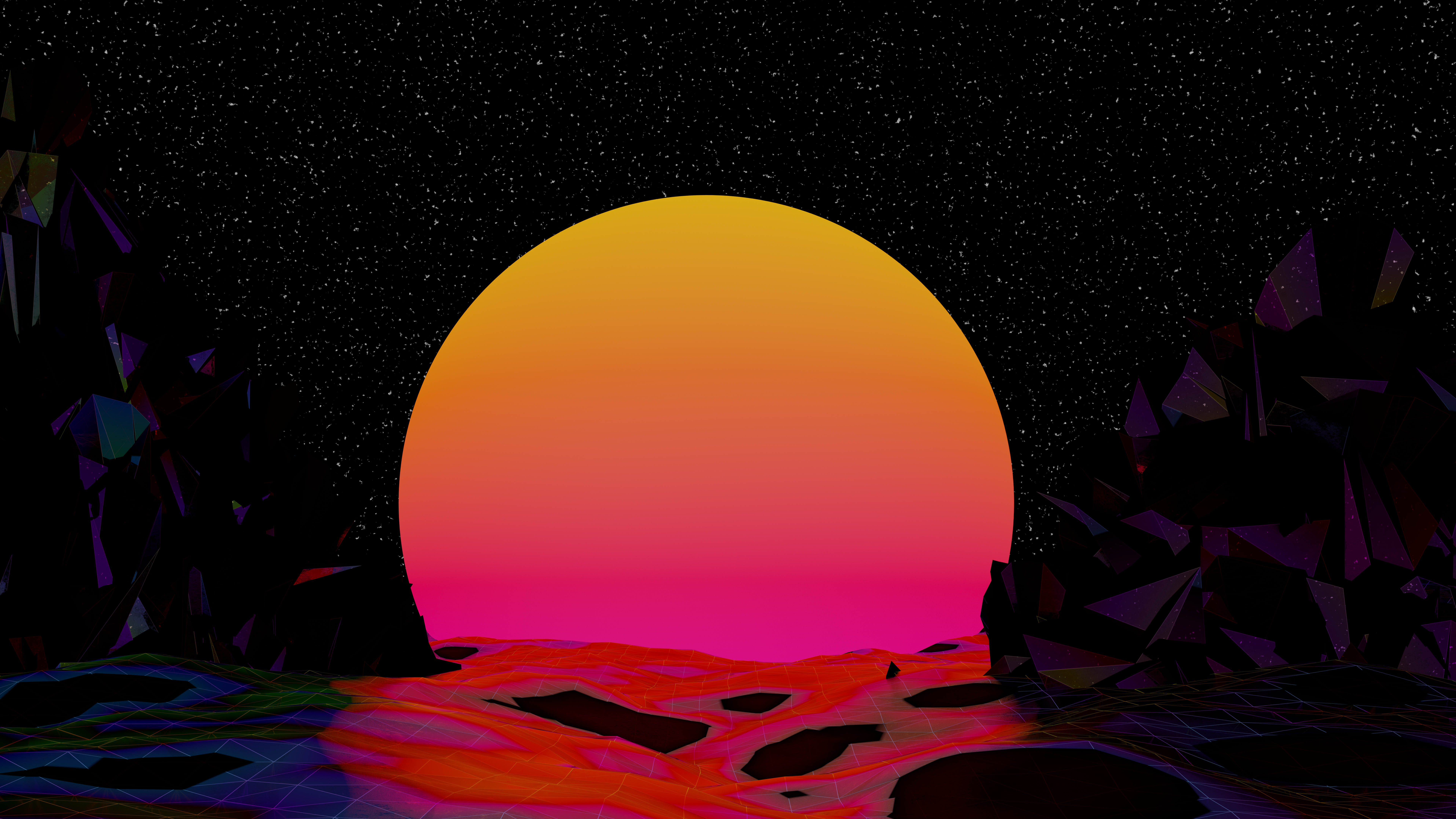 Retrowave Sunset Over a Digital Sea HD Wallpaper
