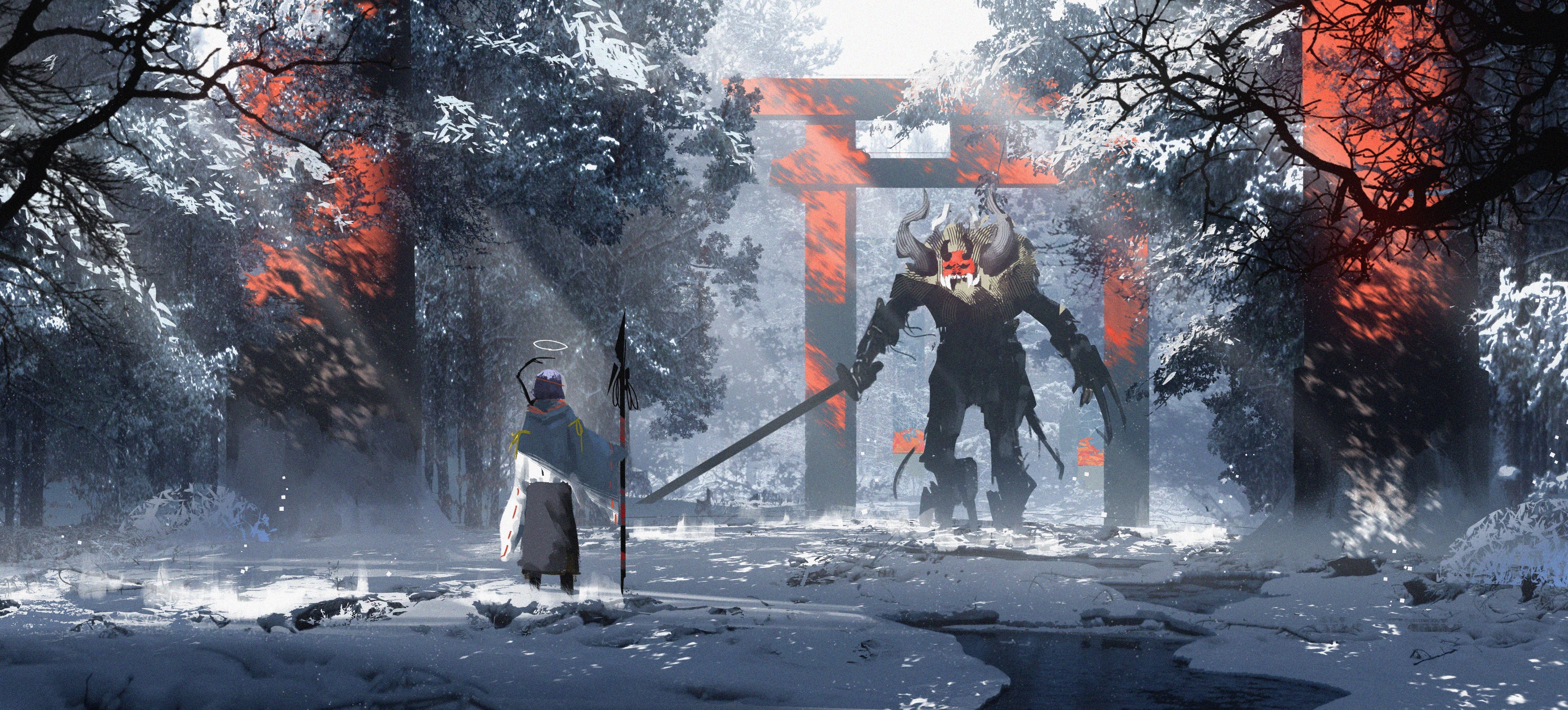 4K fantasy art of a demon and a warrior at a torii gate in winter HD Wallpaper