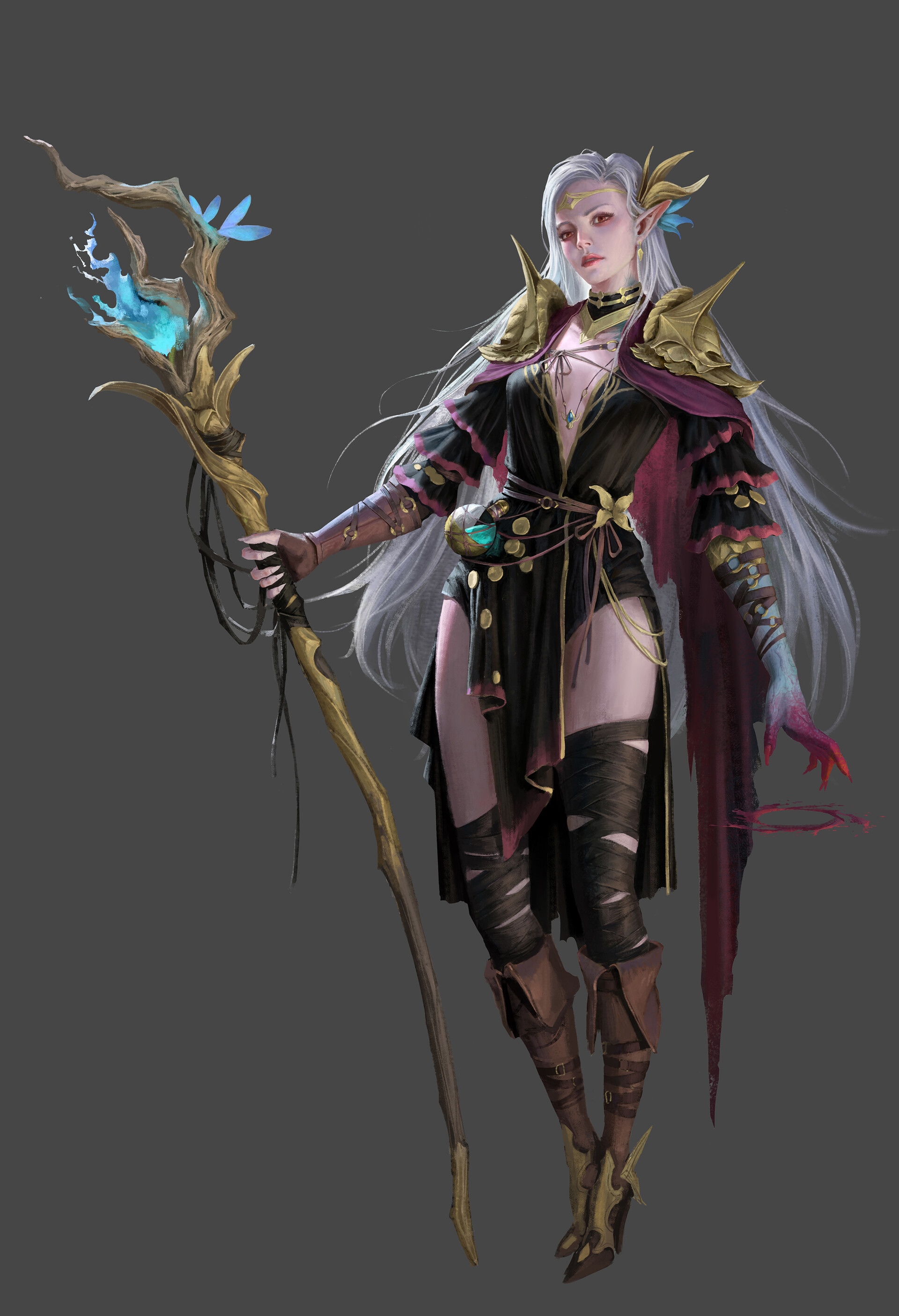 Fantasy art of a woman with silver hair holding a staff HD Phone Wallpaper