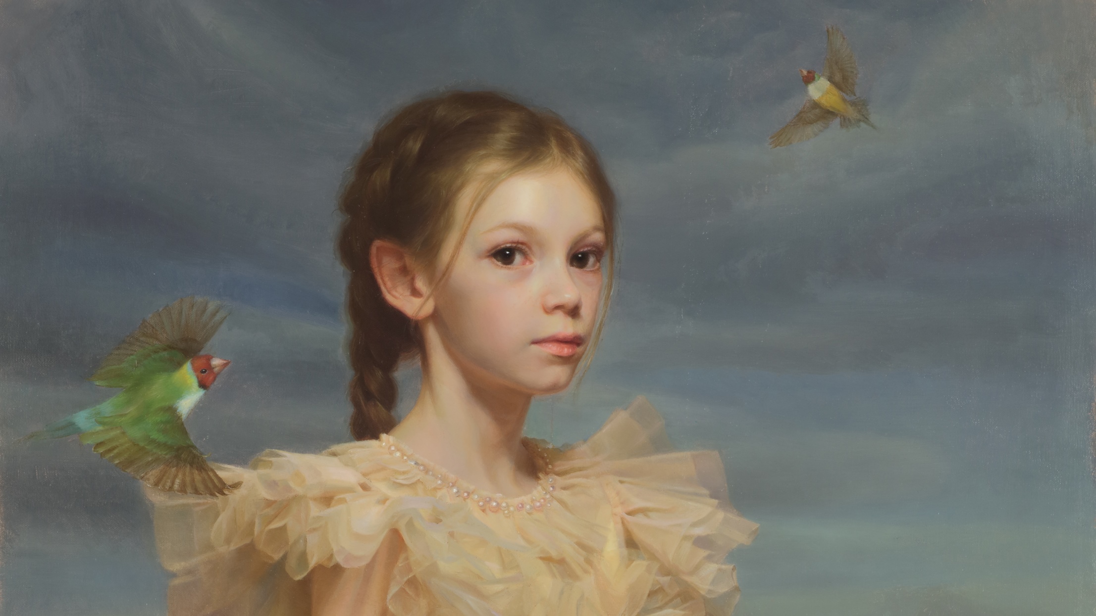 Girl with tropical birds in an overcast sky HD Wallpaper