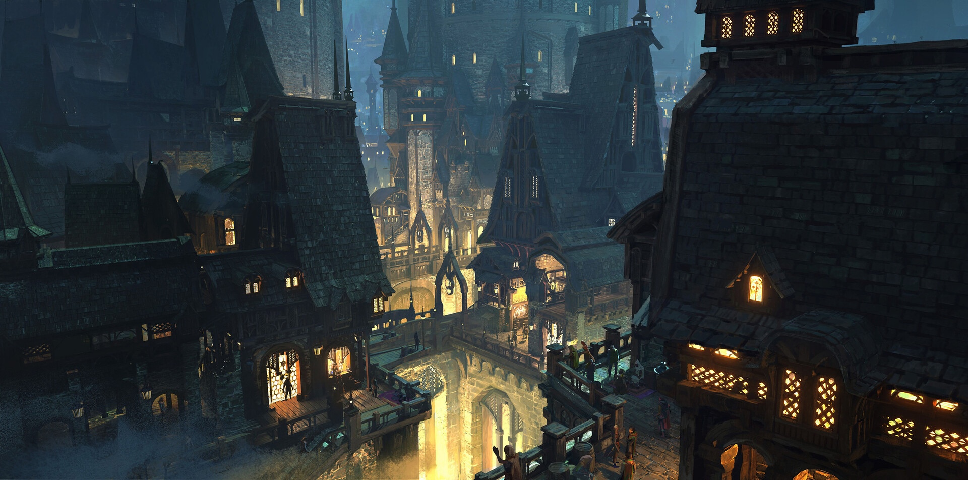A dark, foggy fantasy city at night HD Wallpaper
