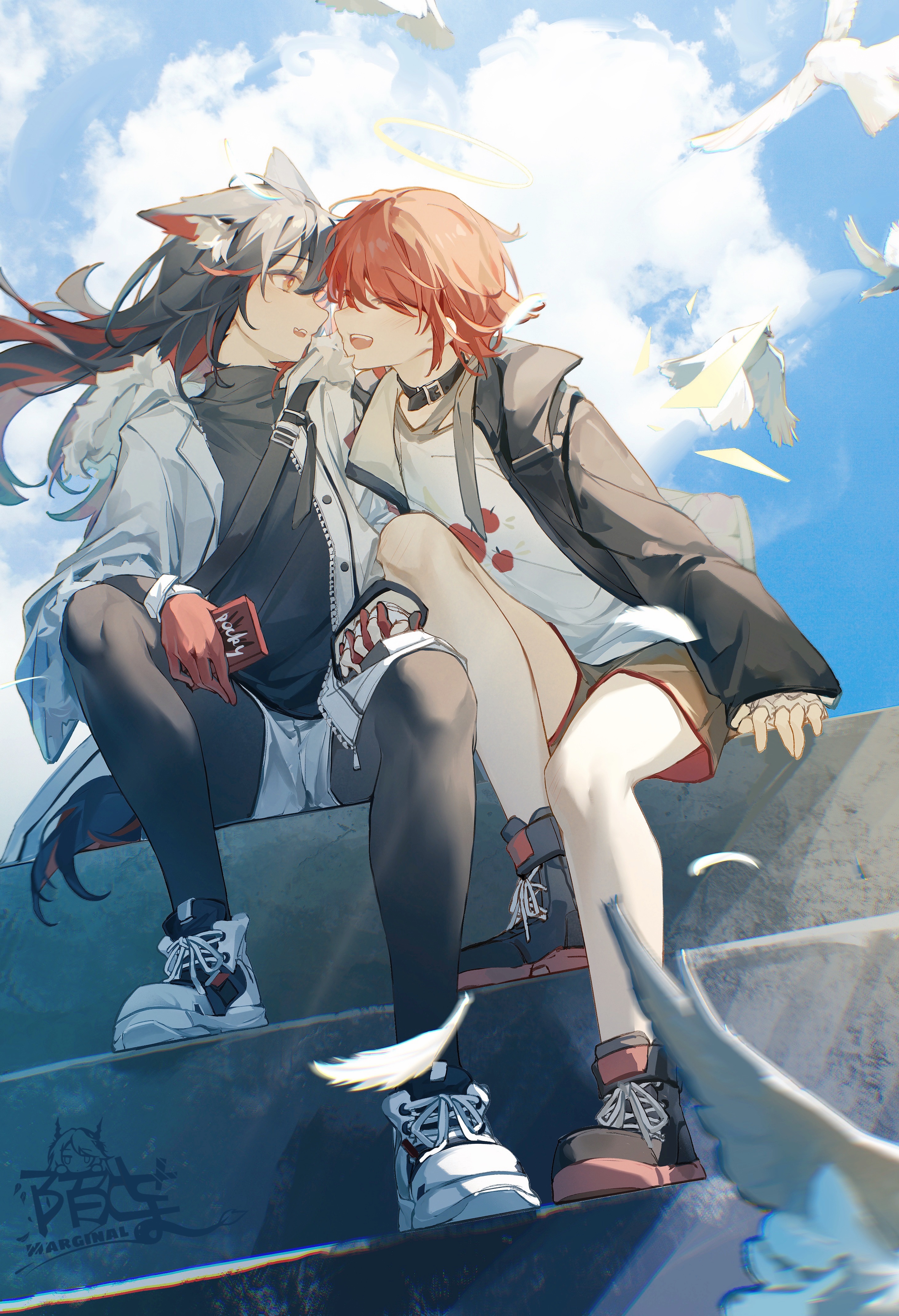 Moyu Marginal Arknights yuri women on stairs with birds HD Phone Wallpaper