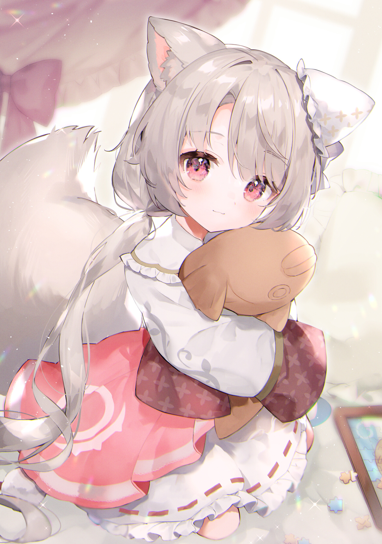 Fox girl holding a plush toy HD Phone Wallpaper