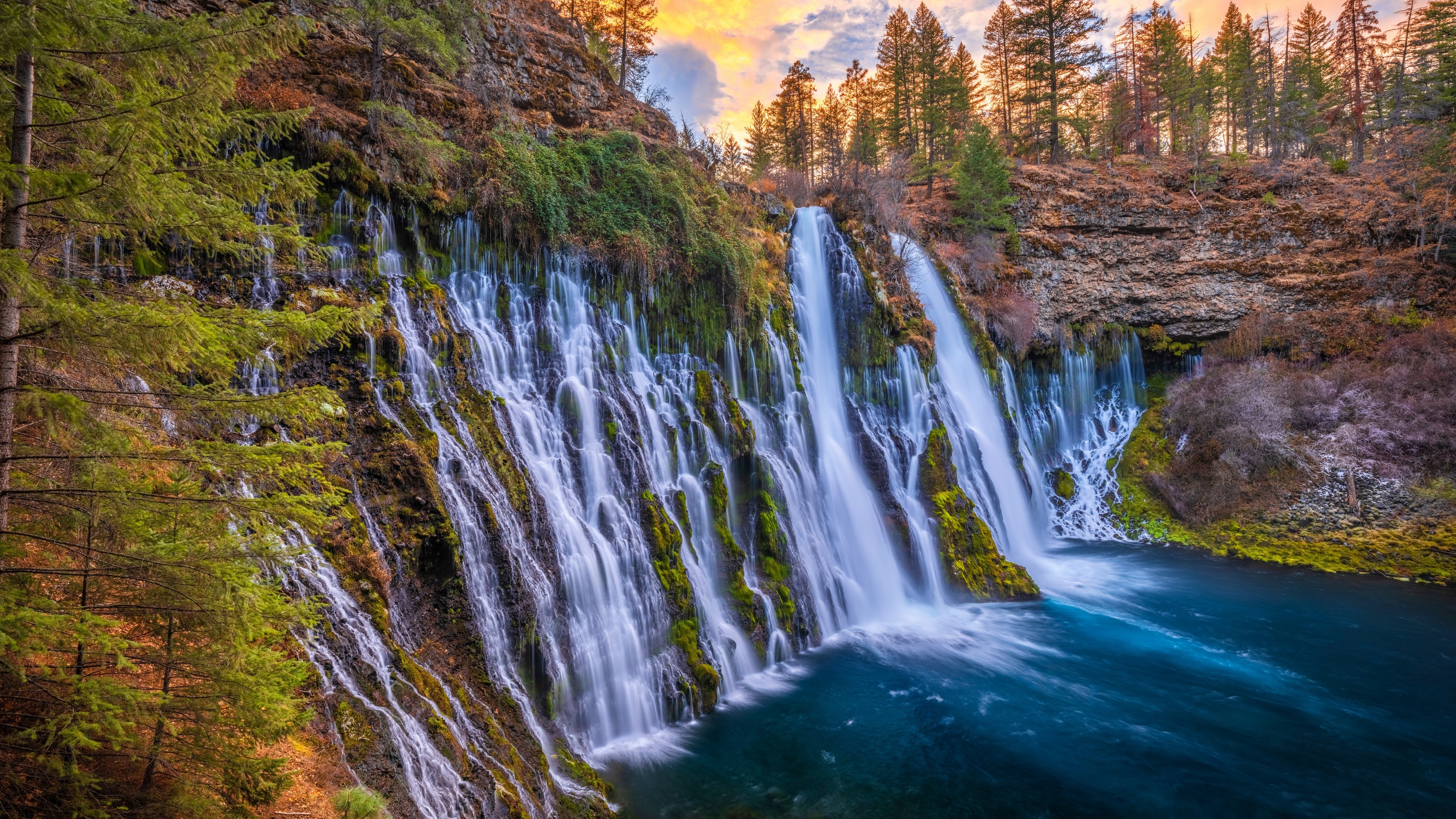 4K Burney Falls Waterfall in California at Sunset HD Wallpaper