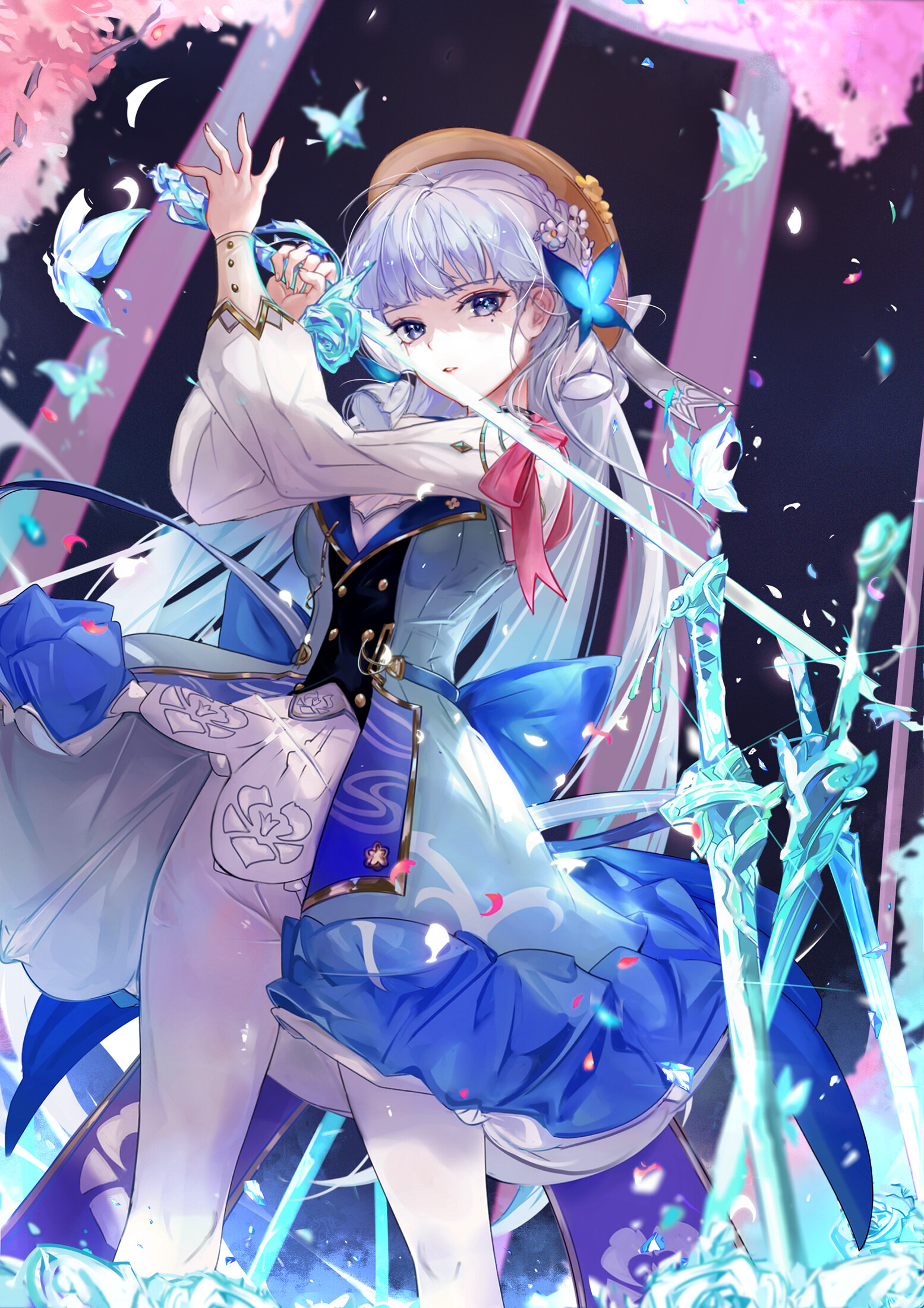 Kamisato Ayaka from Genshin Impact with butterflies and swords HD Phone Wallpaper