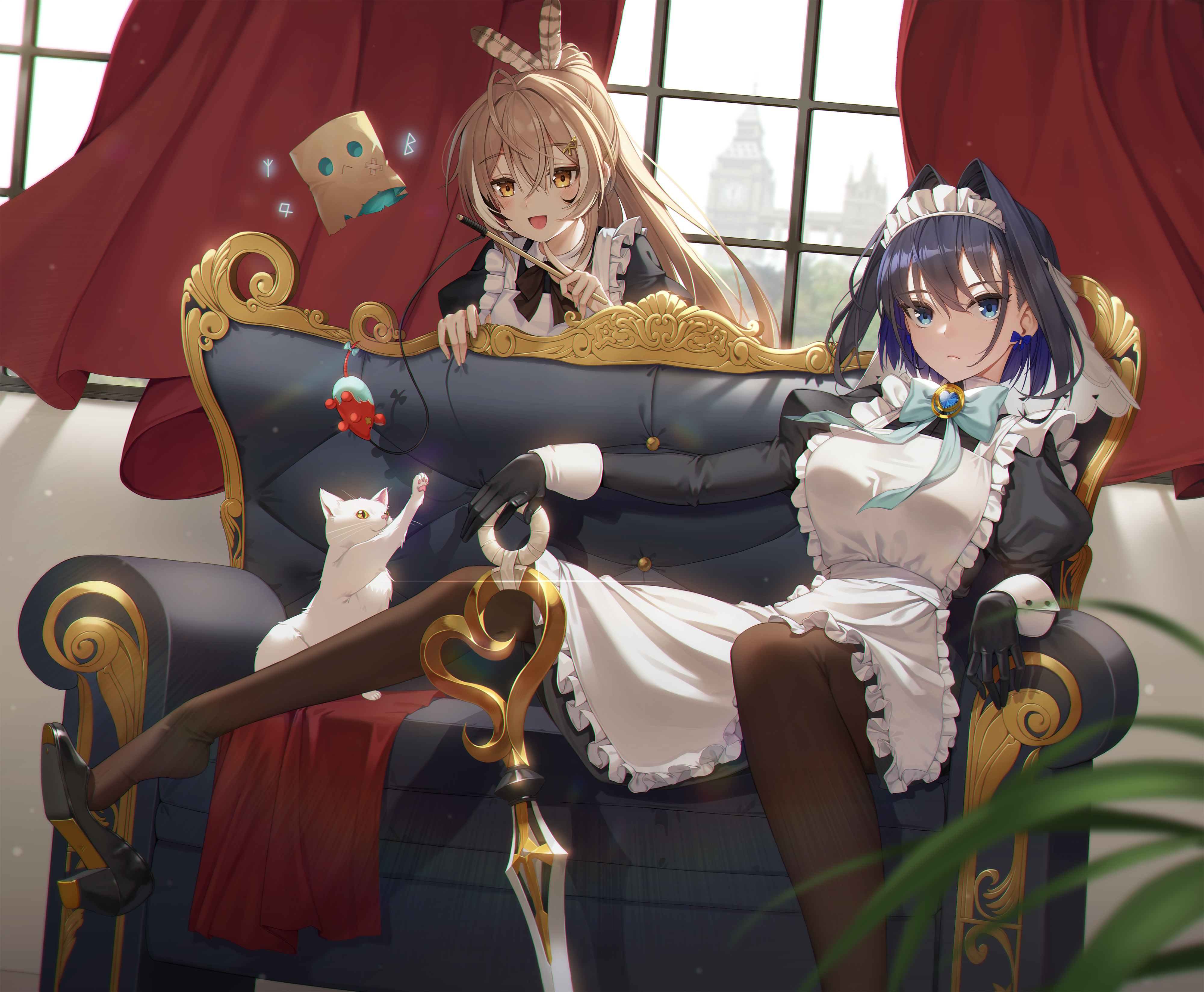 Nanashi Mumei and Ouro Kronii on a couch with a cat HD Wallpaper