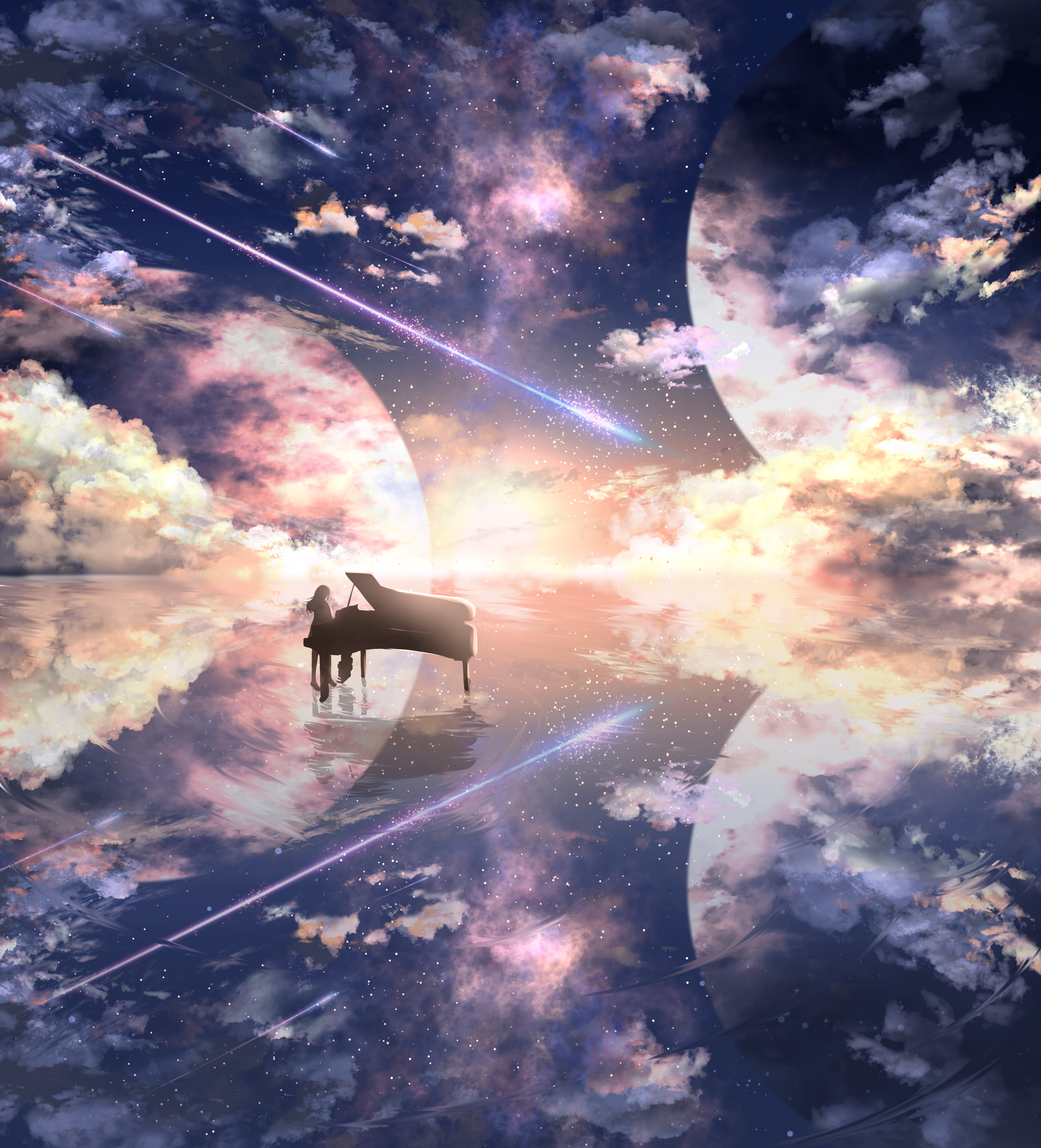 4K piano and clouds reflection HD Wallpaper