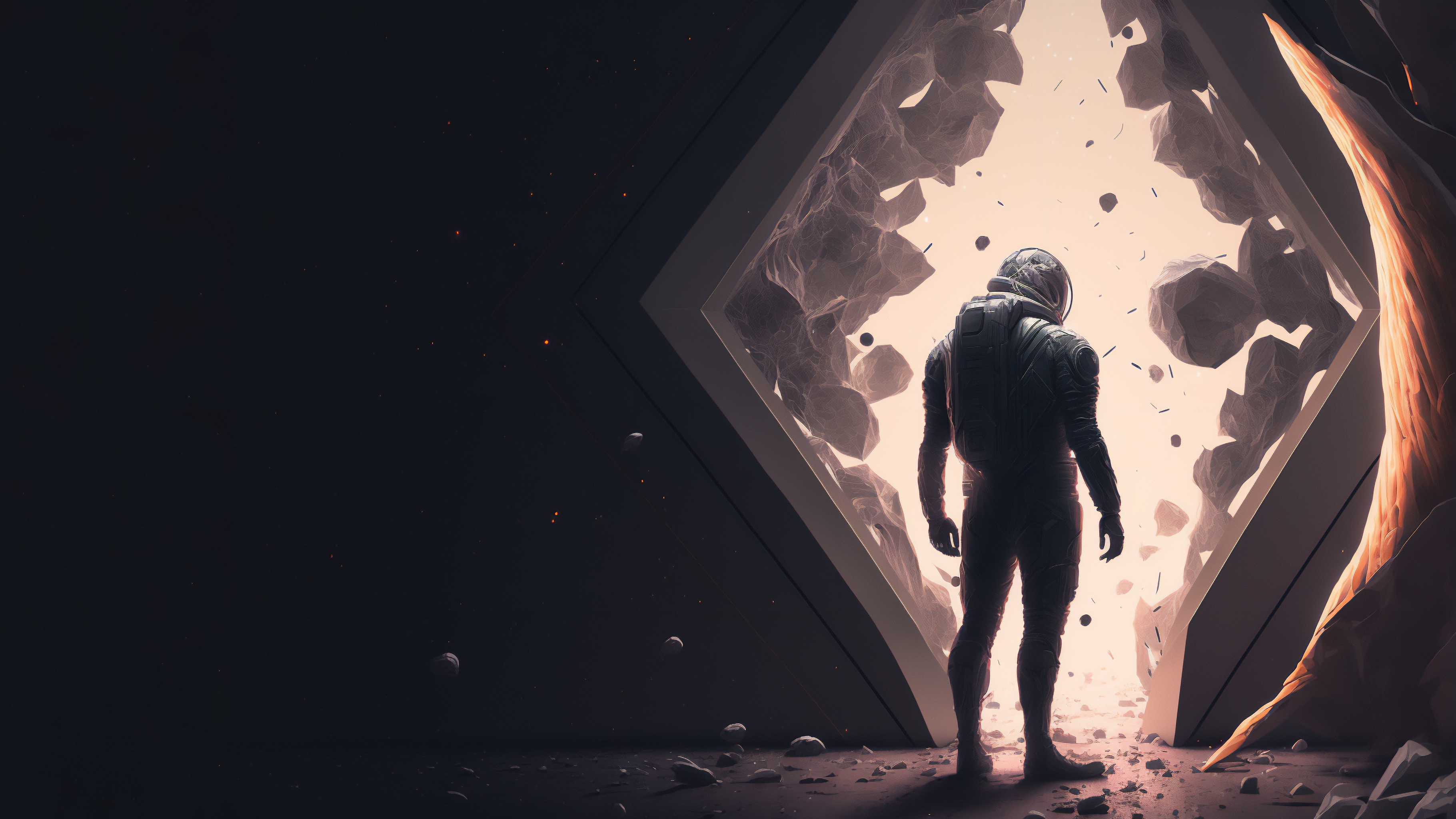 Astronaut standing at a rocky portal HD Wallpaper