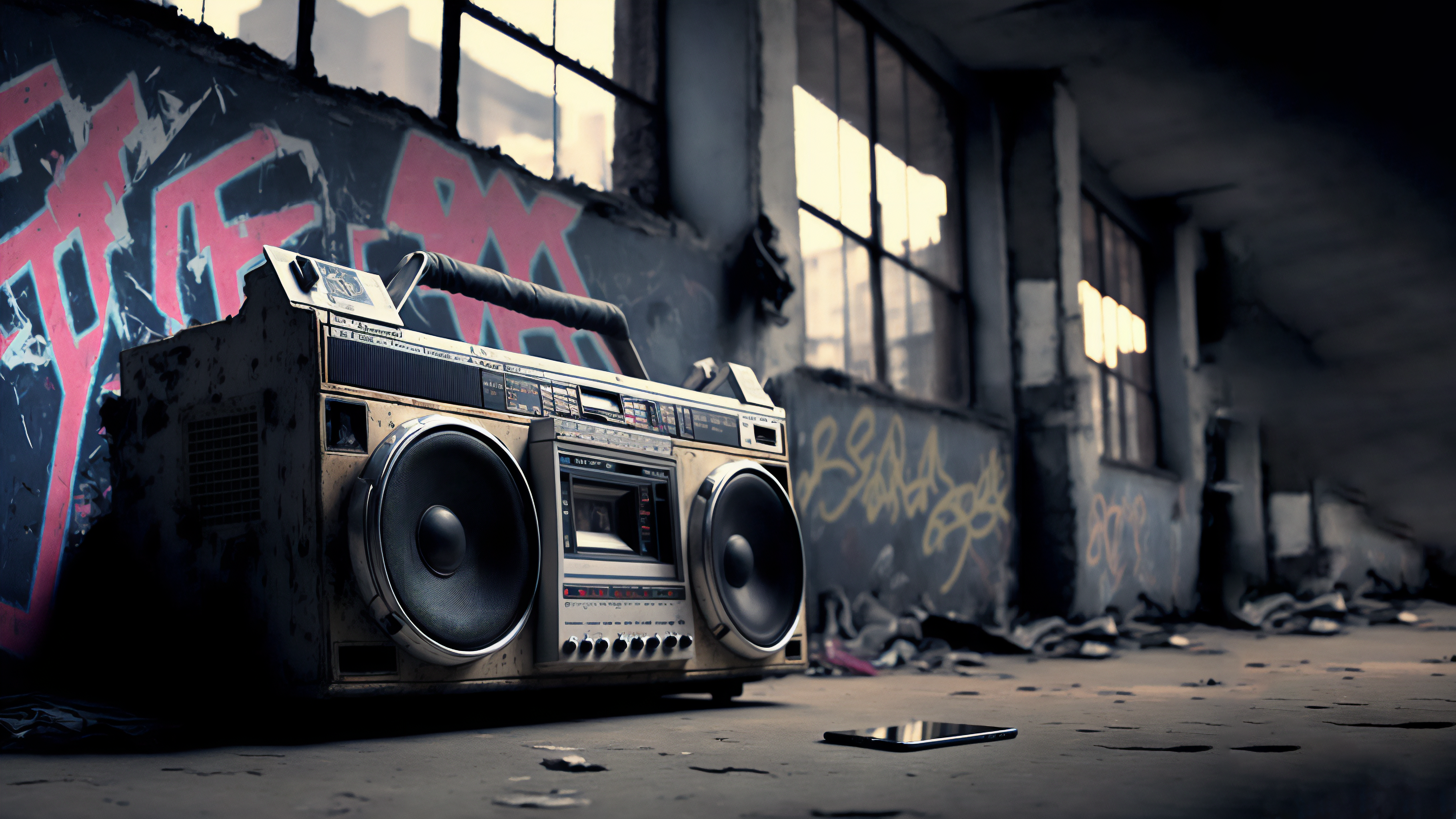 Boombox in an abandoned urban setting with graffiti HD Wallpaper