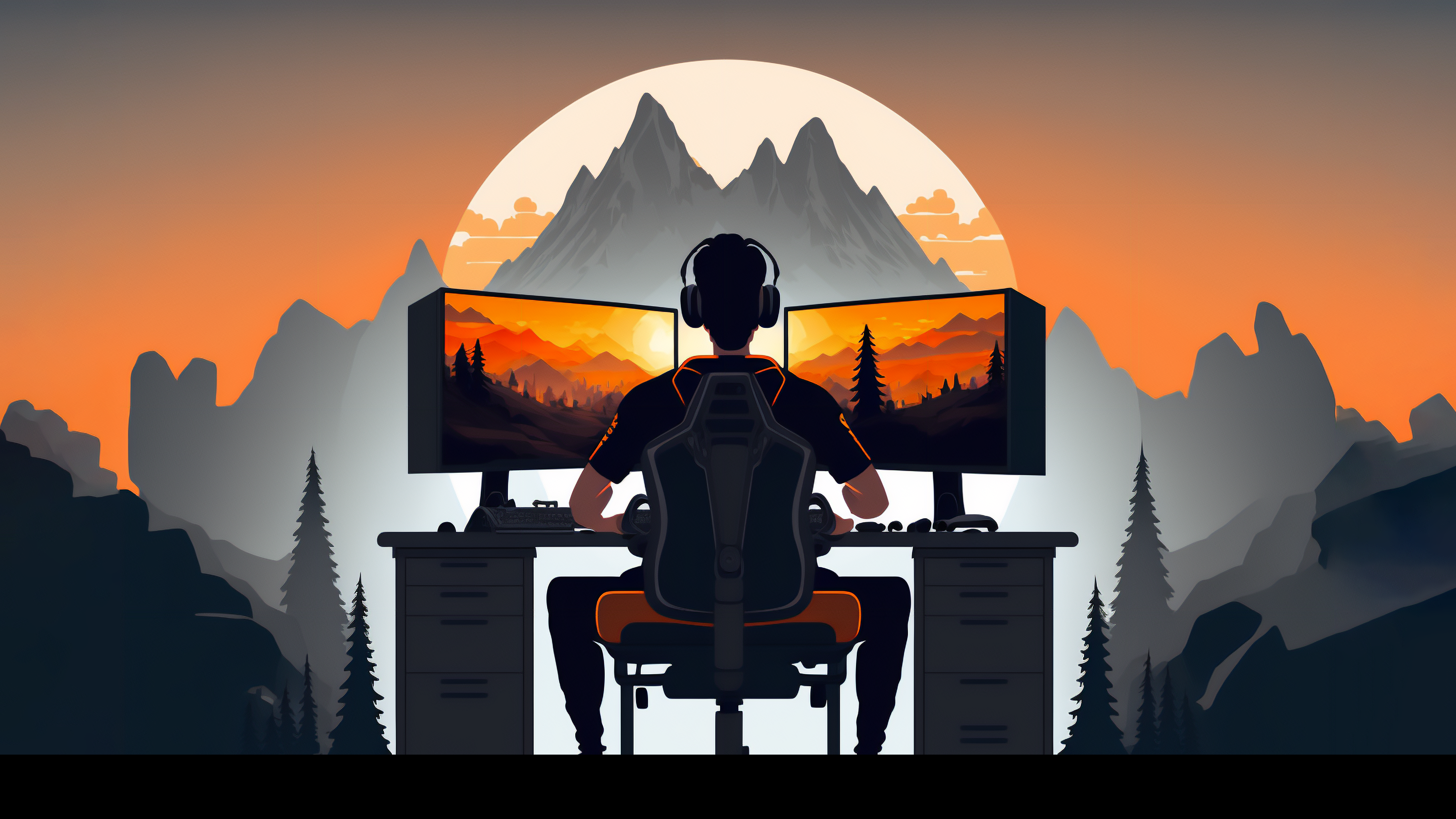 Gamer at desk with dual monitors and mountain sunset HD Wallpaper