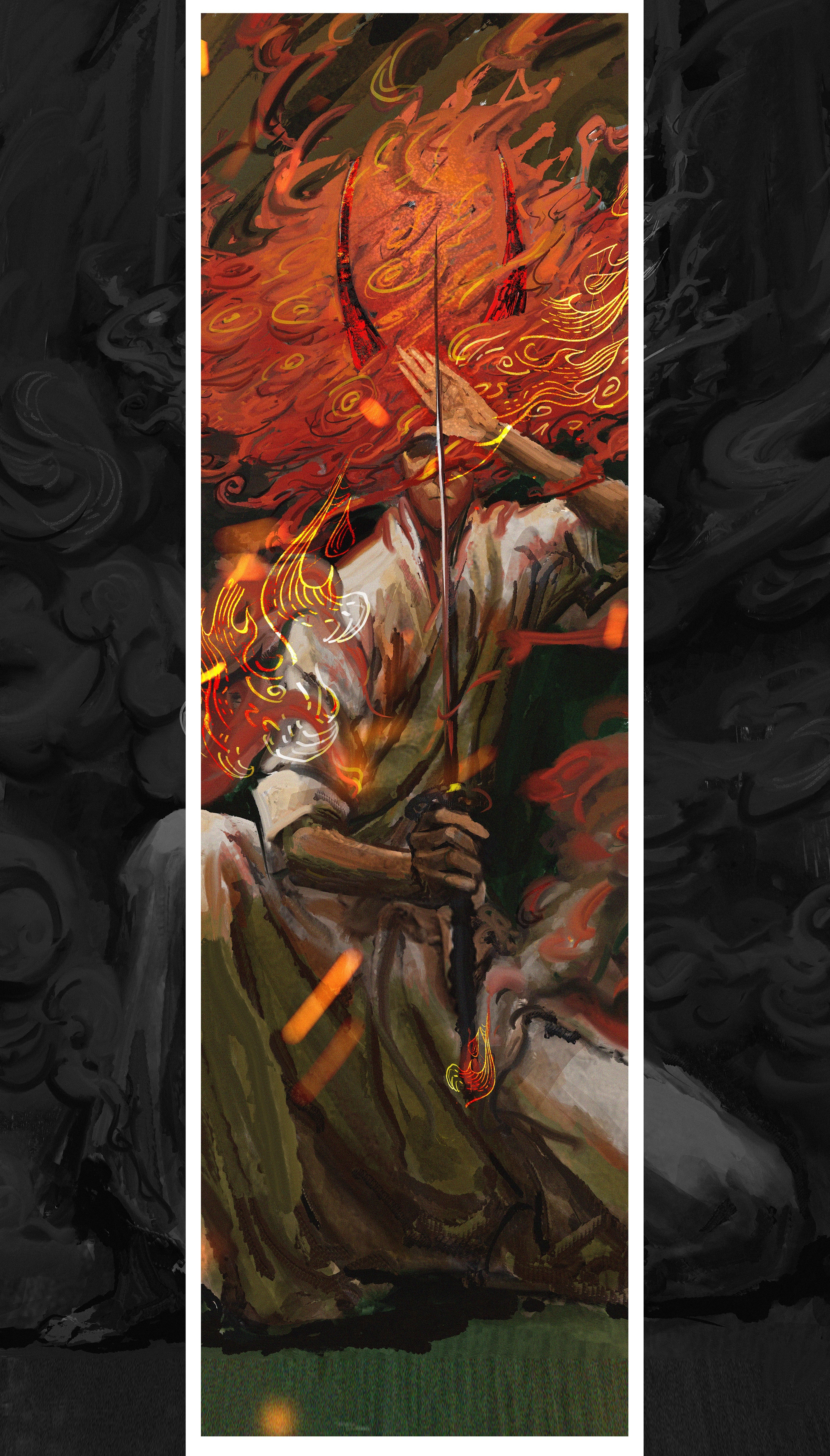 Artwork of a figure engulfed in flames with horns HD Phone Wallpaper