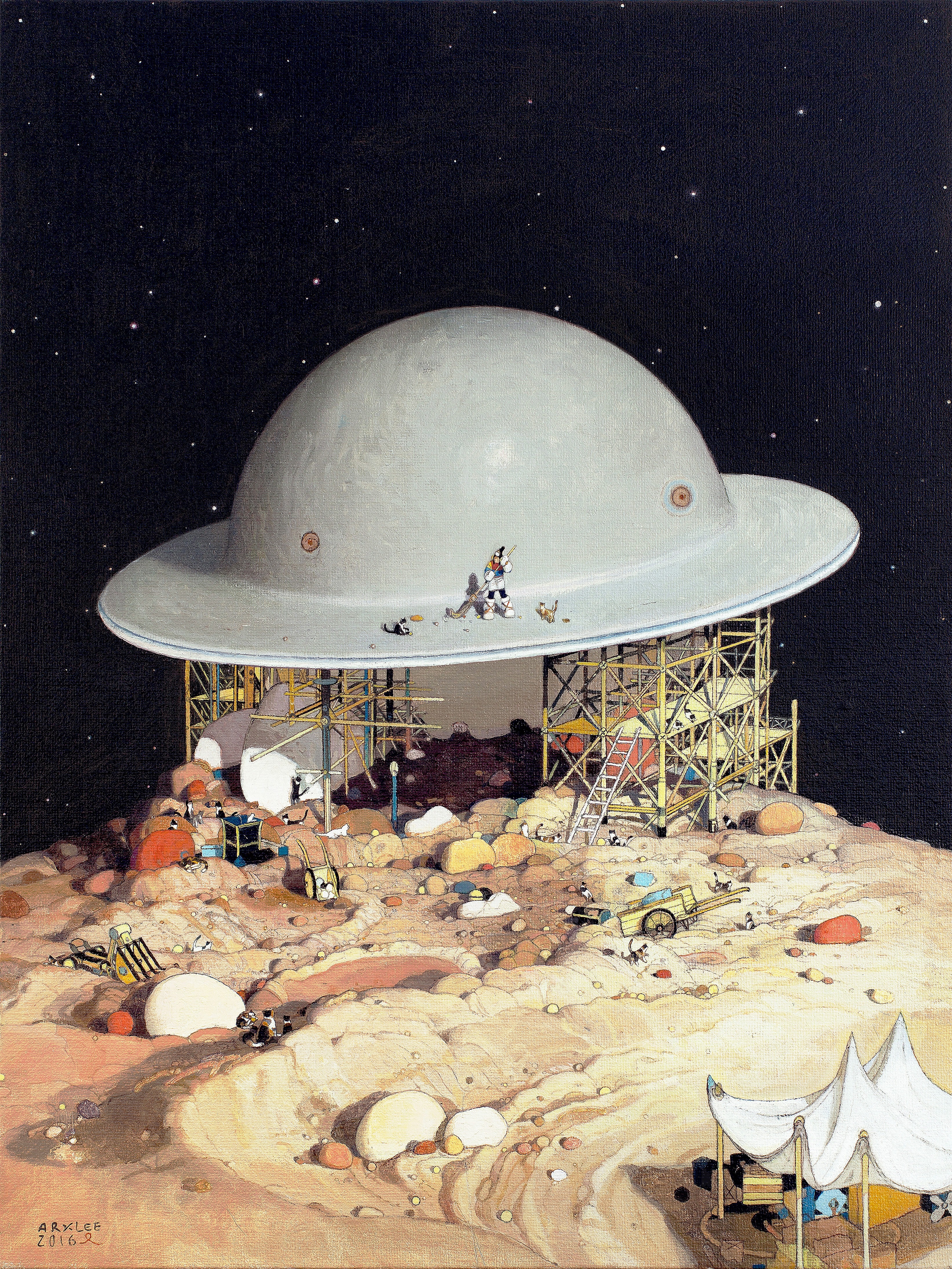 Cats building a structure under a giant helmet in space HD Phone Wallpaper