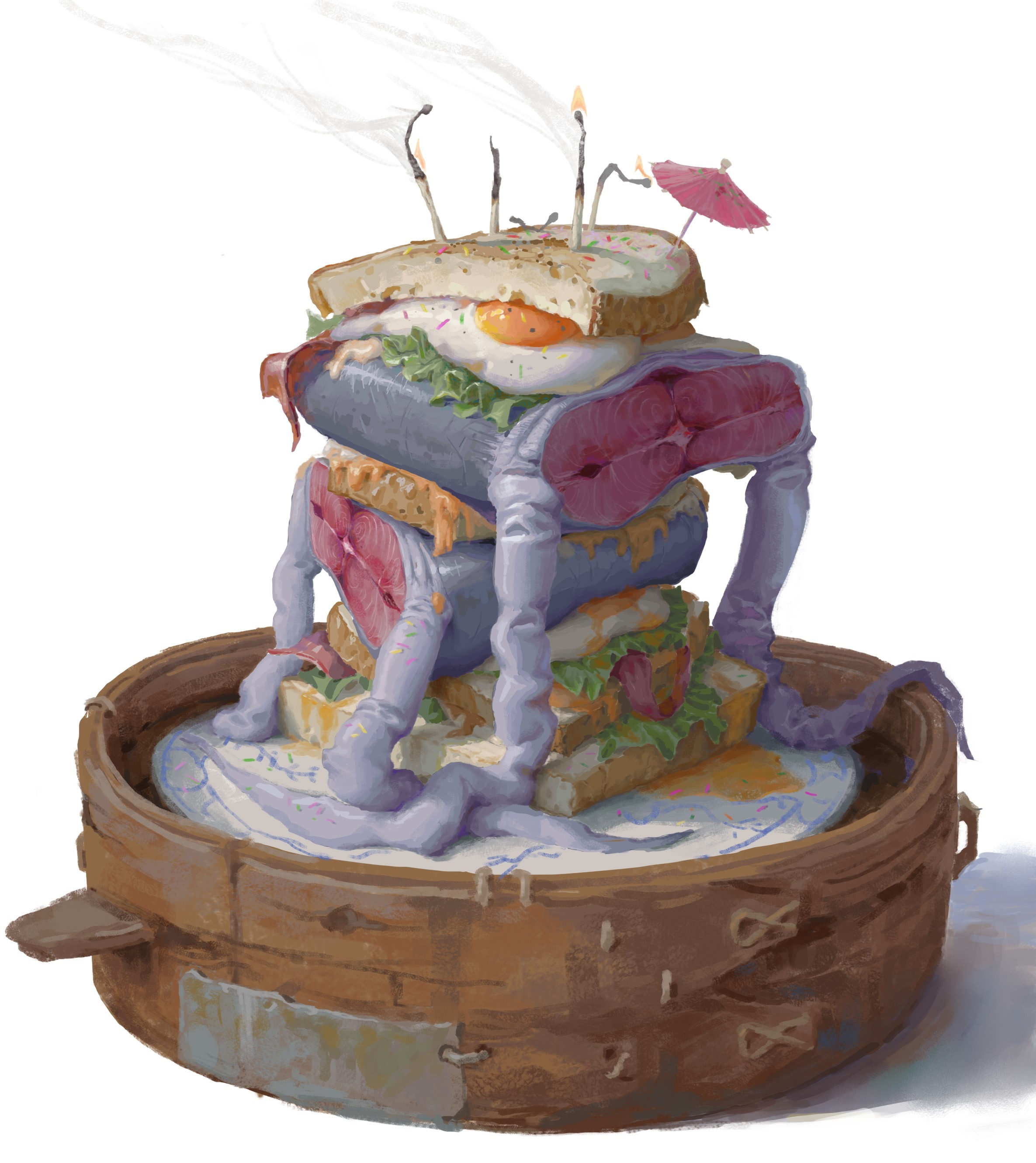A surreal fish and sandwich cake with candles HD Phone Wallpaper